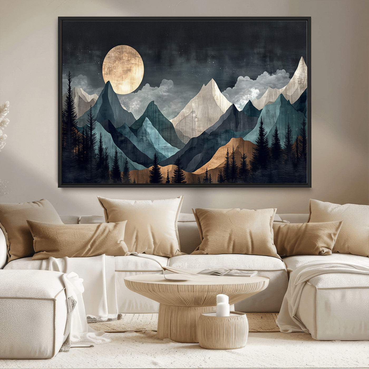 11060882-MGV-CV-36X24-Moonlit Mountain Wall Art Canvas Print – Silhouetted Pines Layered Peaks Tranquil Sky Mist Silver Light Nature Artwork for Home