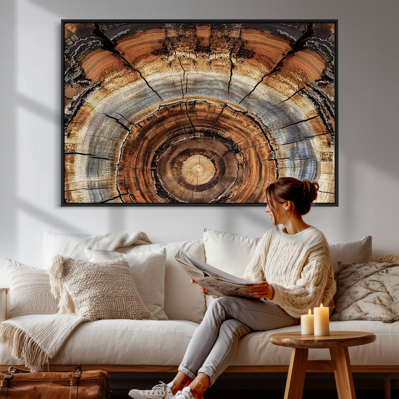 15184146-MGV-CV-36X24 - Tree Rings Wall Art Canvas Print, Framed Wood Texture Art Picture Print, Rustic Pattern Perfect Rustic Organic Decor Artwork