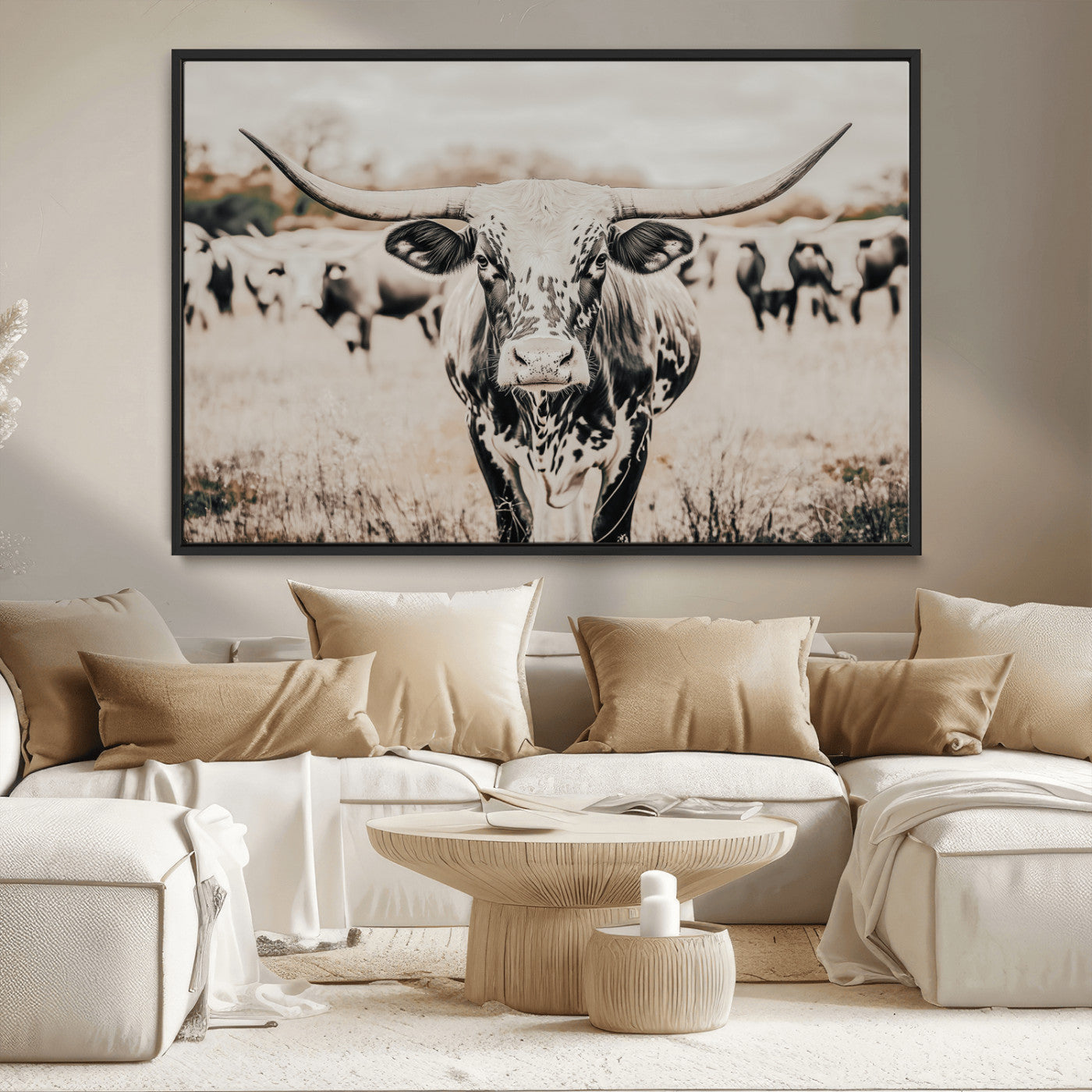 27497342-MGV-CV-36X24-Texas Longhorn Wall Art Canvas Print – Framed Speckled Bull Horned Cattle Rustic Western Artwork for Home Office