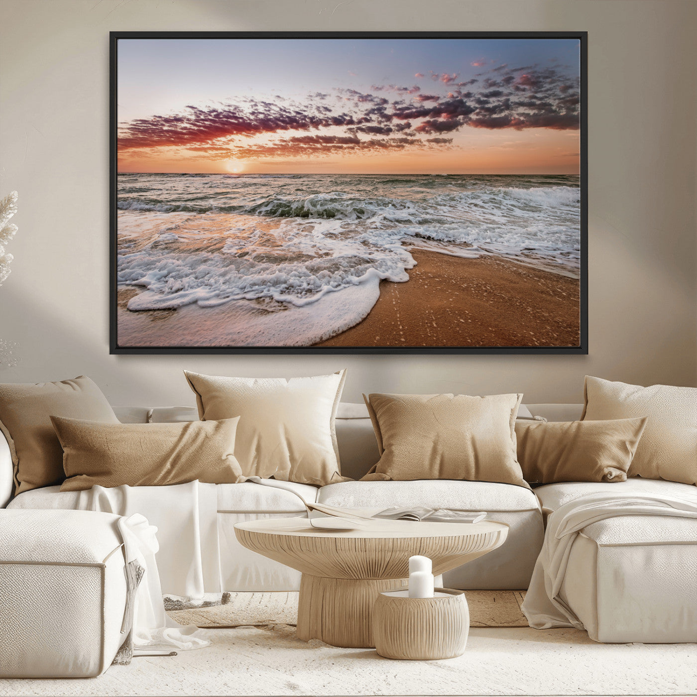 39846389-MGV-CV-36X24-Ocean Sunset Wall Art Canvas Print – Framed Sandy Shore Gentle Waves Coastal Landscape Minimalist Artwork for Home, Office