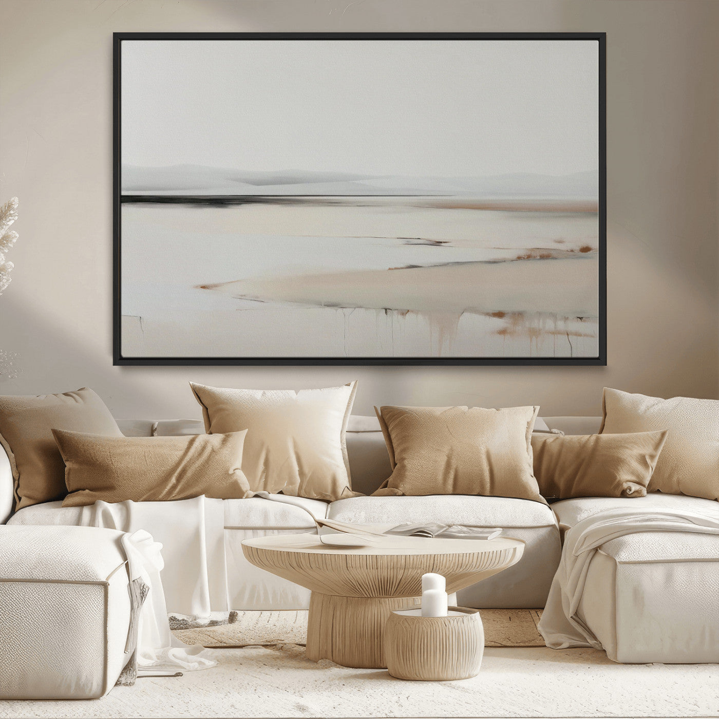 89410095-MGV-CV-36X24-Minimalist Landscape Wall Art Canvas Print – Framed Soft Horizon Abstract Seascape Earthy Tones Artwork for Home Office