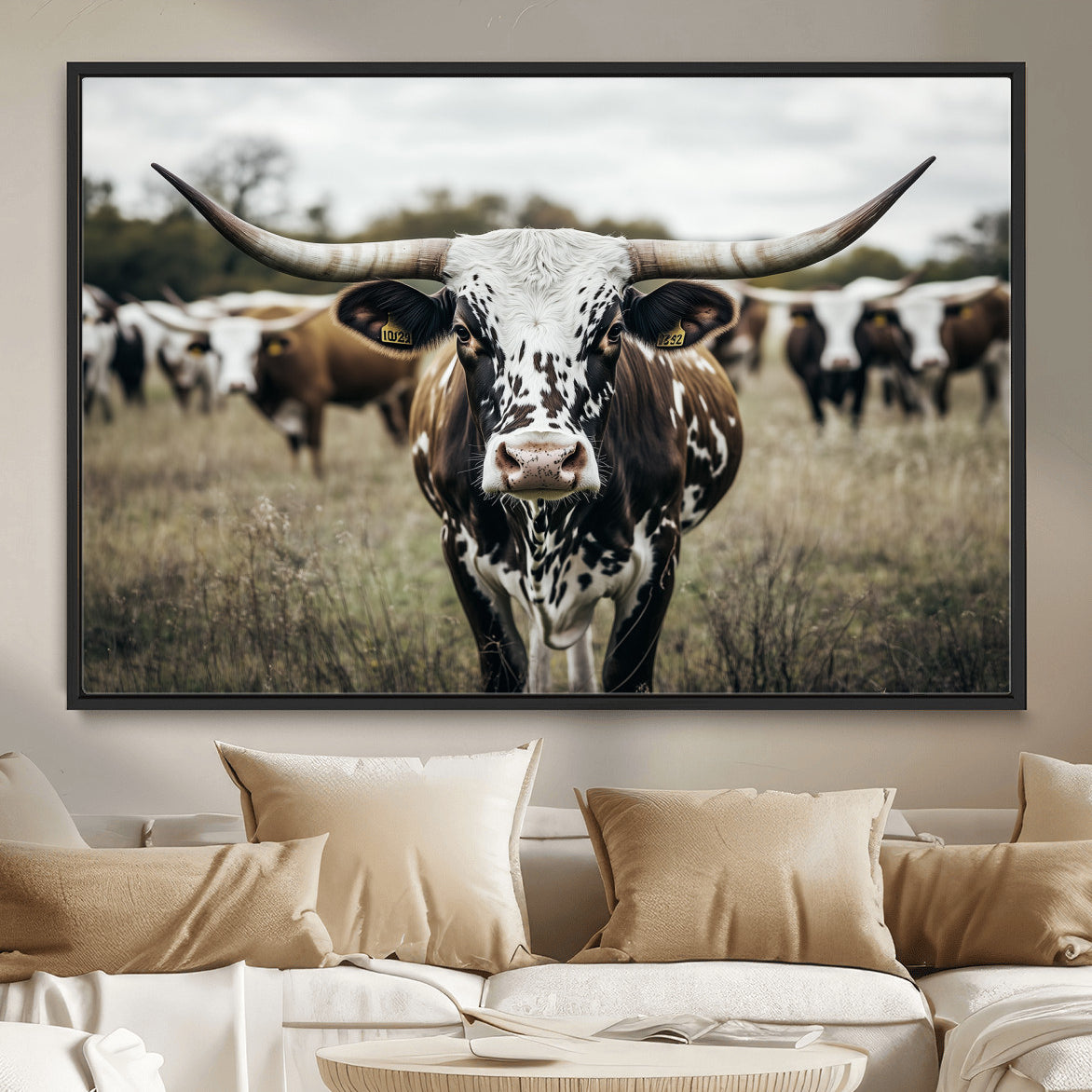 MGV-FC-36X24 - Majestic Longhorn Cow Wall Art – Canvas Print of Intricate Fur & Sharp Horns Earthy Tones Serene Landscape, Rustic Charm Decor for Living Room, Office or Bedroom