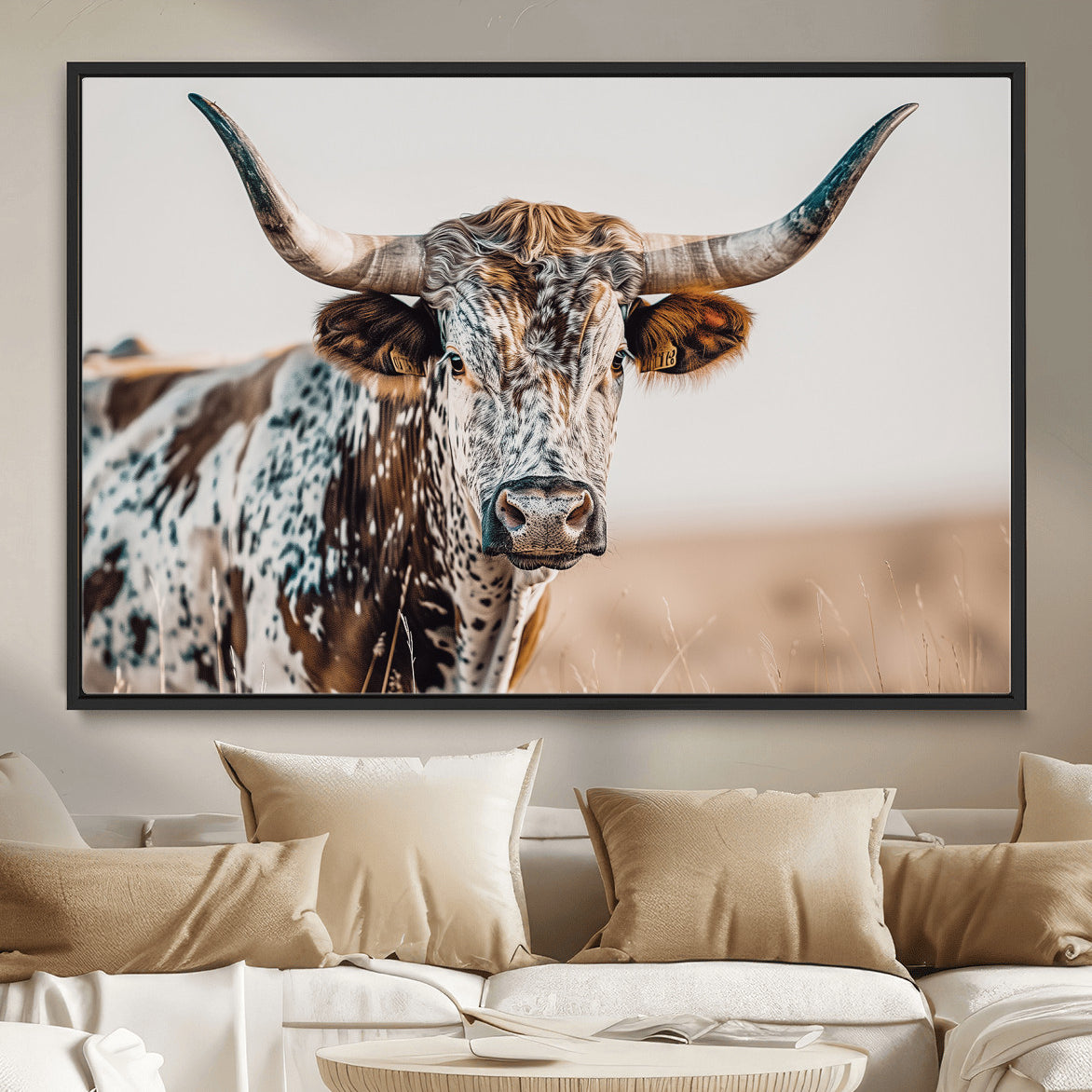 70414966-MGV-FC-36X24 - Majestic Longhorn Wall Art – Canvas Print of Strong Stance Intricate Fur & Sharp Horns Rustic Elegance & Timeless Wild Beauty Decor for Living Room, Office or Bedroom
