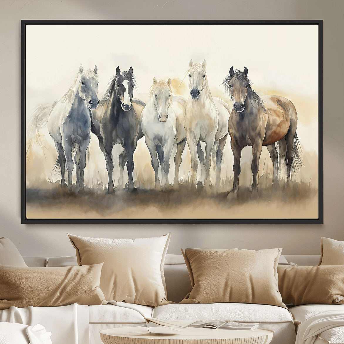 MGV-FC-36X24 - Wild Horses Wall Art Canvas Print, Framed Running Horses Art Picture Print, Watercolor Horses Perfect Rustic Western Decor Artwork