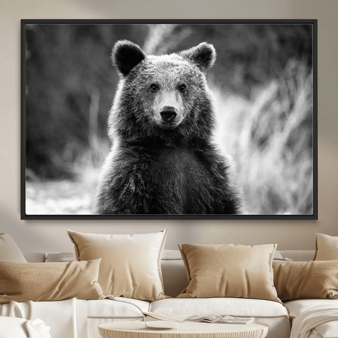 55656803-MGV-CV-36X24-Grizzly Bear Wall Art Canvas Print – Framed Black White Wildlife Rustic Nature Artwork for Home, Office Decor