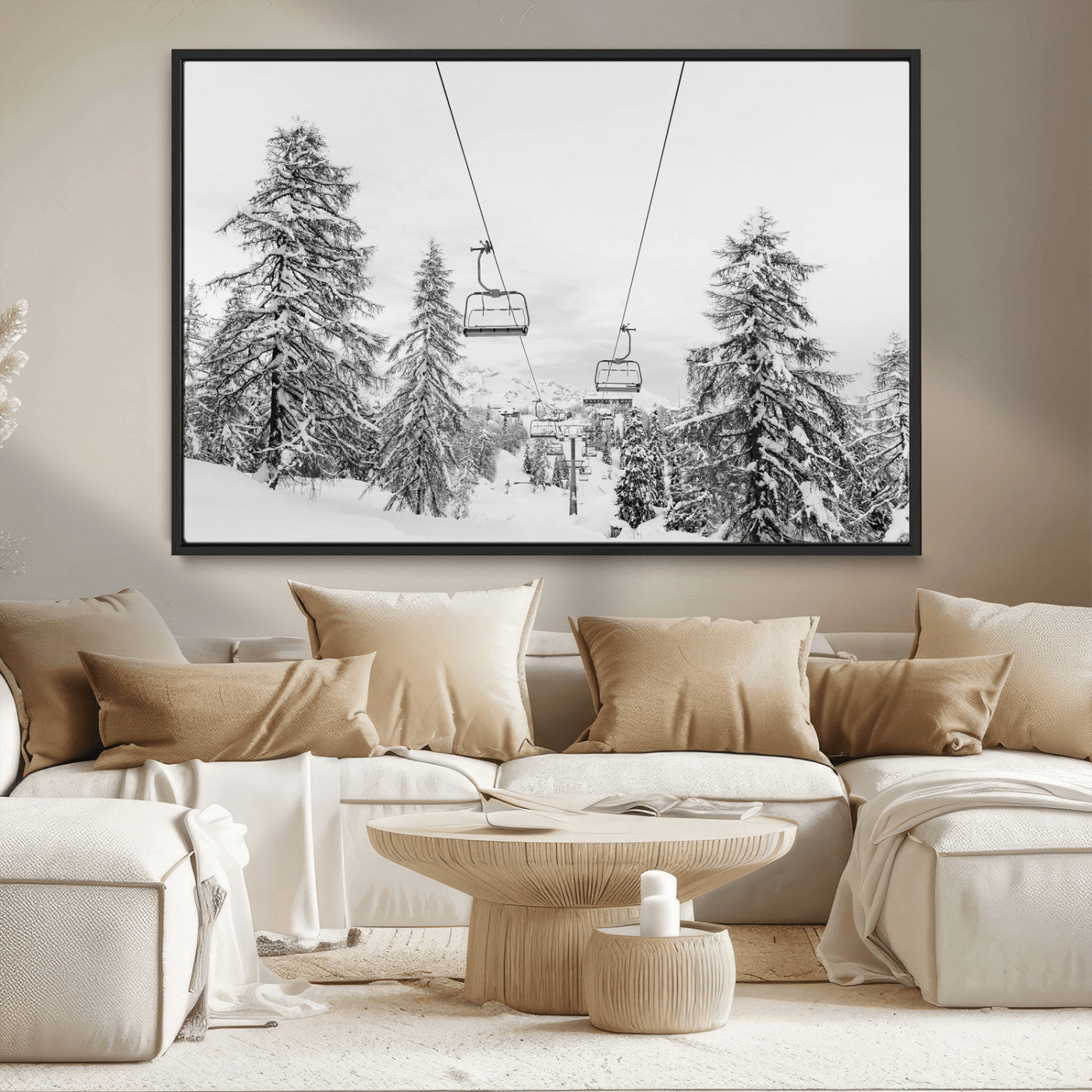 55003599-MGV-CV-36X24-Ski Lift Wall Art – Framed Snowy Mountain Canvas Artwork, Winter Forest Design, Minimal Nature Decor for Home, Office