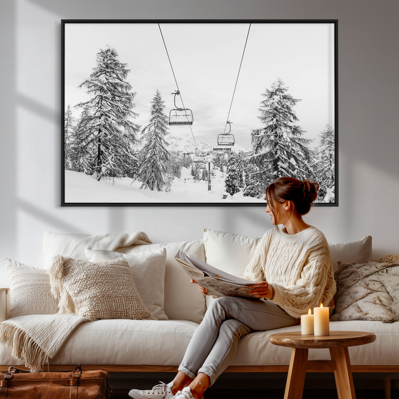 55003599-MGV-CV-36X24 - Snowy Ski Lift Wall Art – Framed Winter Forest Canvas Artwork, Peaceful Mountain Design, Modern Nature Decor for Home, Office