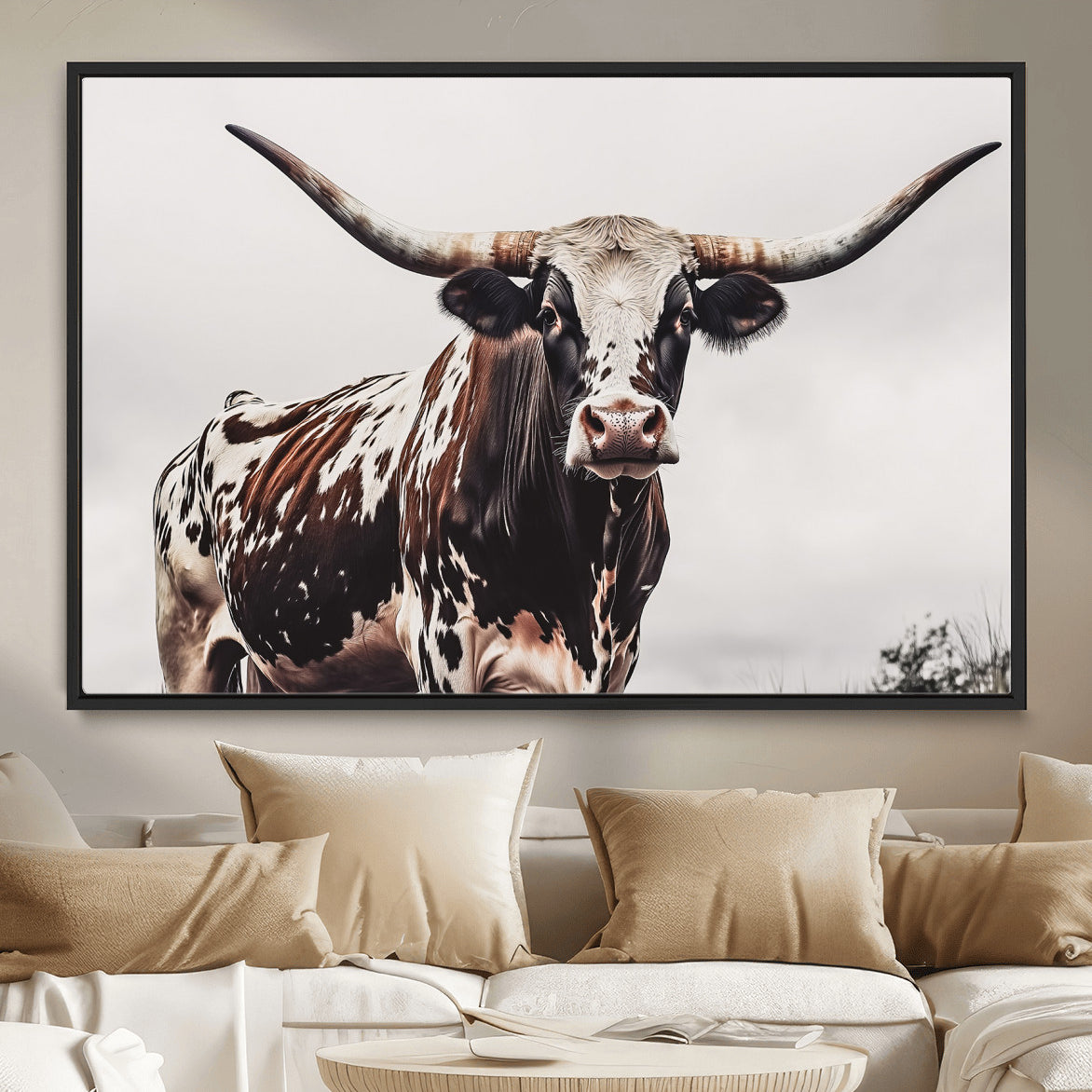 95249234-MGV-CV-36X24-Texas Longhorn Wall Art Canvas Print – Framed Spotted Bull Scene with Horned Cattle Artwork for Home, Office