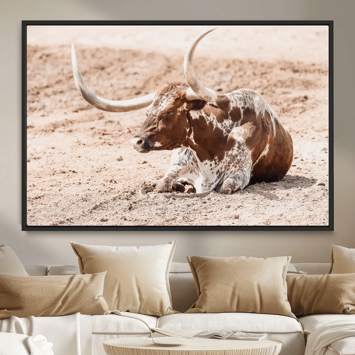 91248682-MGV-CV-36X24-Texas Longhorn Wall Art Canvas Print – Framed Resting Bull Scene with Spotted Cattle Artwork for Home, Office
