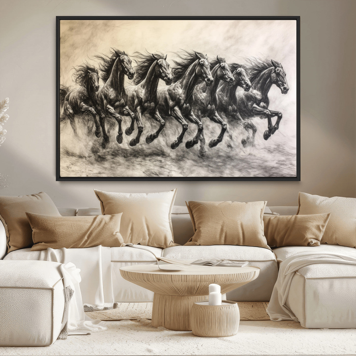 -Running Horses Wall Art Canvas Print – Framed Monochrome Sketch Scene with Galloping Herd Artwork for Home, Office