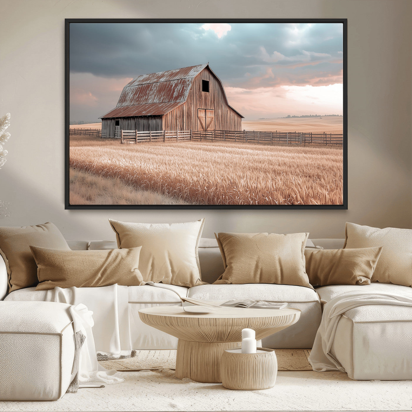 36878364-MGV-CV-36X24-Rustic Barn Wall Art Canvas Print – Framed Wheat Field Scene with Sunset Barn Artwork for Home, Office, Living Room
