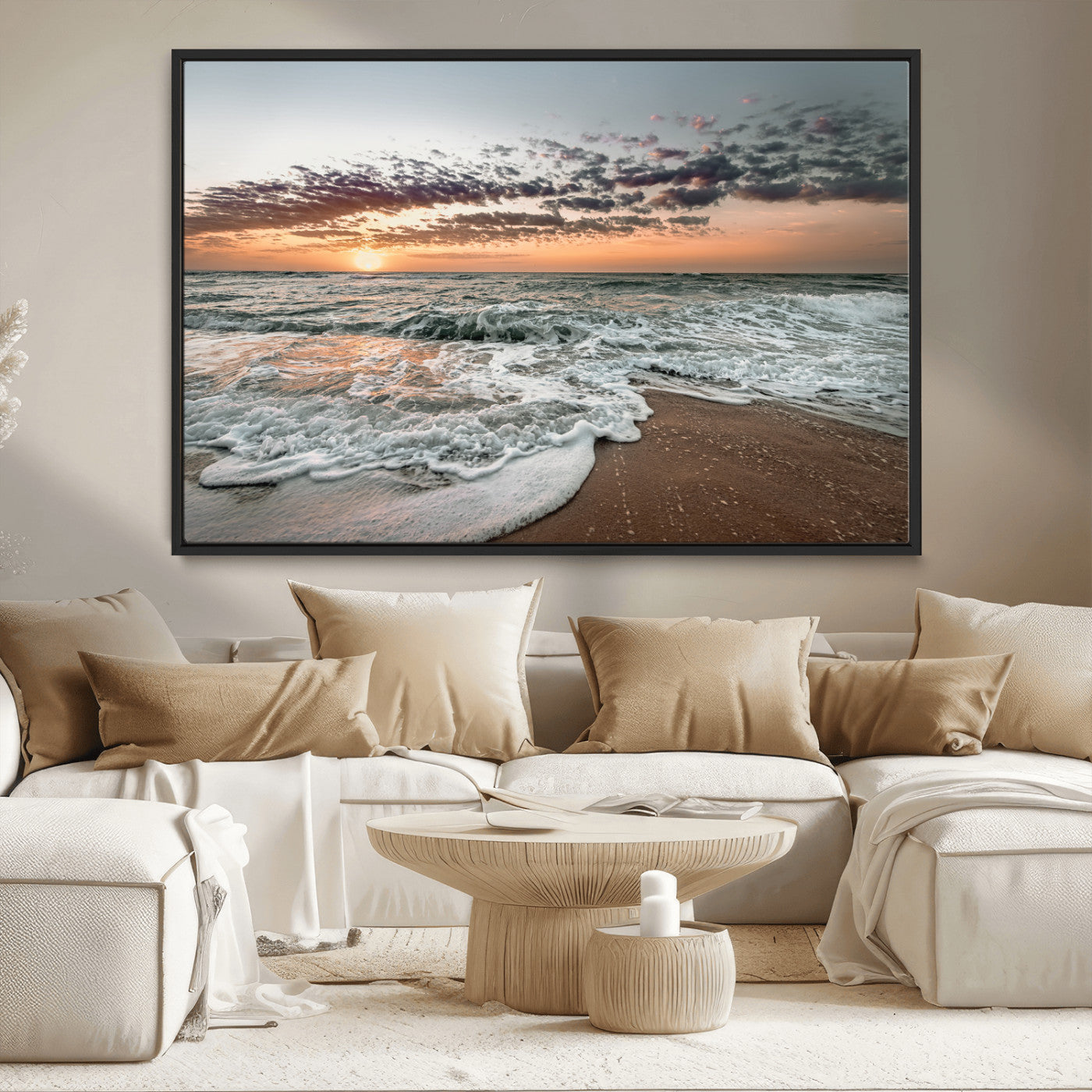 40632752-MGV-CV-36X24-Ocean Sunset Wall Art Canvas Print – Framed Beach Waves Scene with Coastal Artwork for Home, Office, Living Room