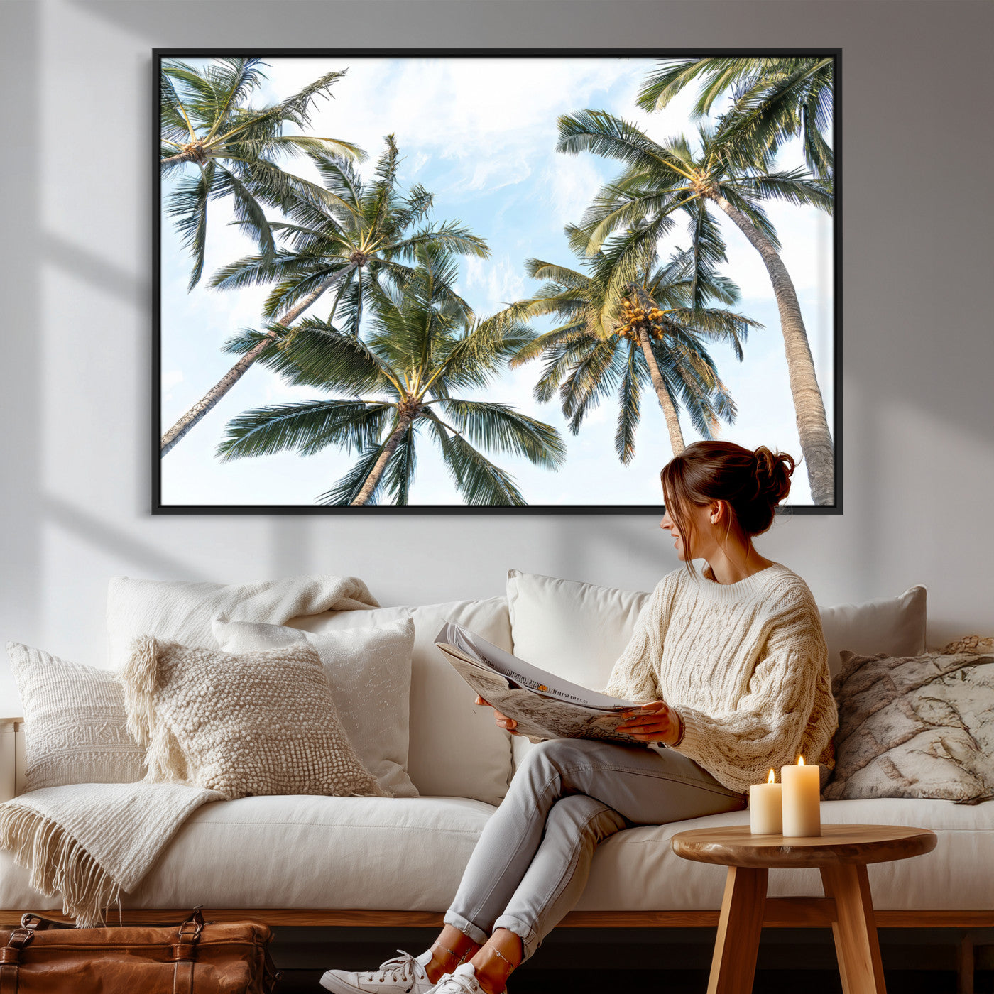 87247012-MGV-CV-36X24 - Tropical Palm Trees Wall Art – Sunlit Leaves & Blue Sky Canvas Print, Island Breeze and Vacation Vibes for Office or Home Decor