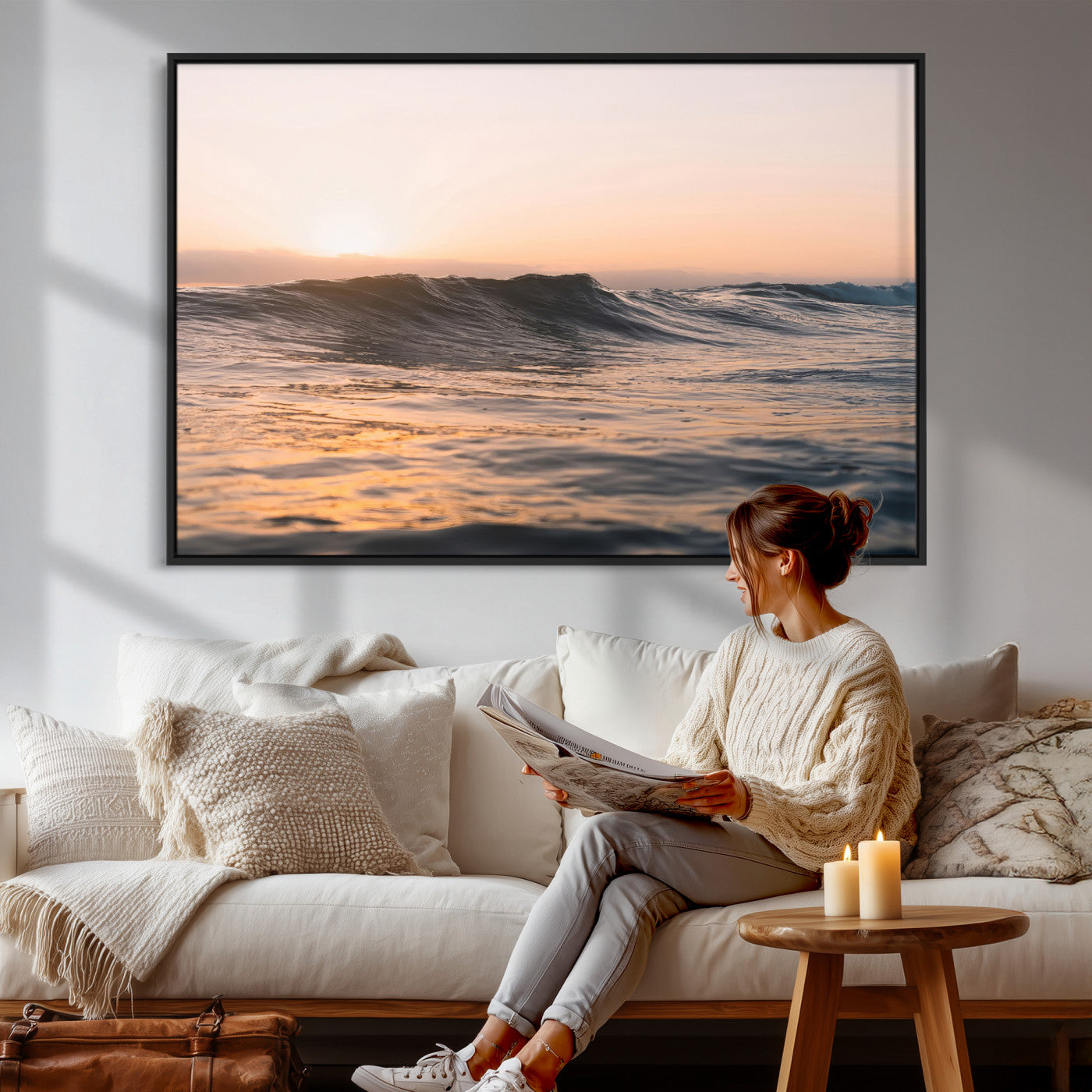 46299358-MGV-CV-36X24 - Golden Sunset Ocean Wall Art – Tranquil Waves & Peaceful Horizon Canvas Print, Soft Light and Evening Glow for Serene Beach, Home or Nature Decor