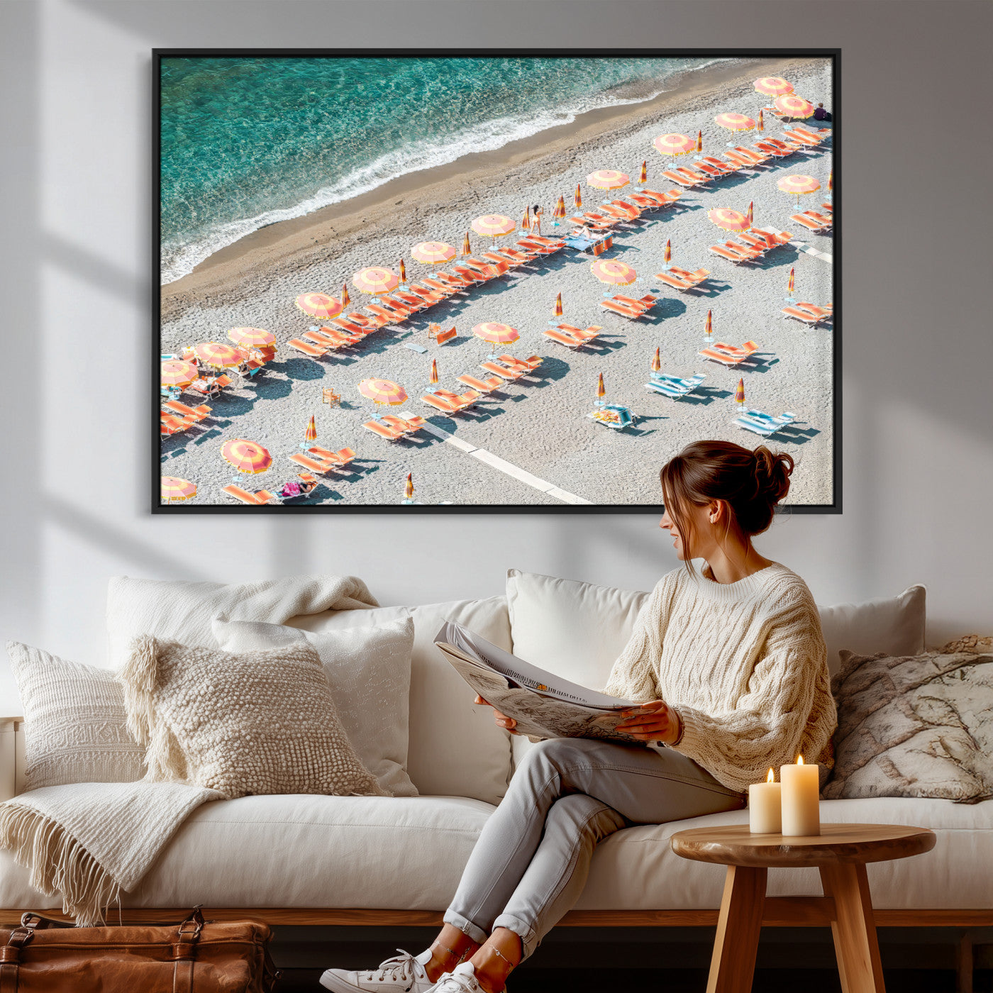 27805351-MGV-CV-36X24 - Beach Umbrellas Wall Art – Orange Loungers & Turquoise Water Canvas Print, Sandy Shore and Summer Vibes