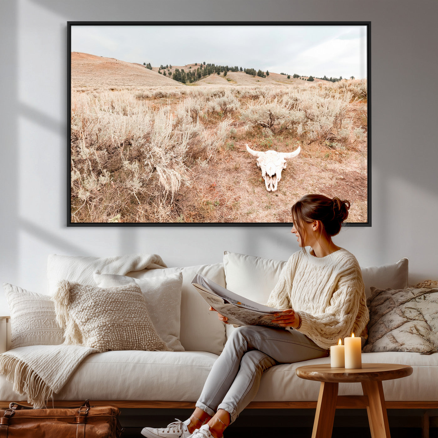 97234735-MGV-CV-36X24 - Desert Skull Wall Art – Arid Landscape & Sagebrush Canvas Print, Rustic Nature and Earth Tones for Living Room or Minimalist Decor