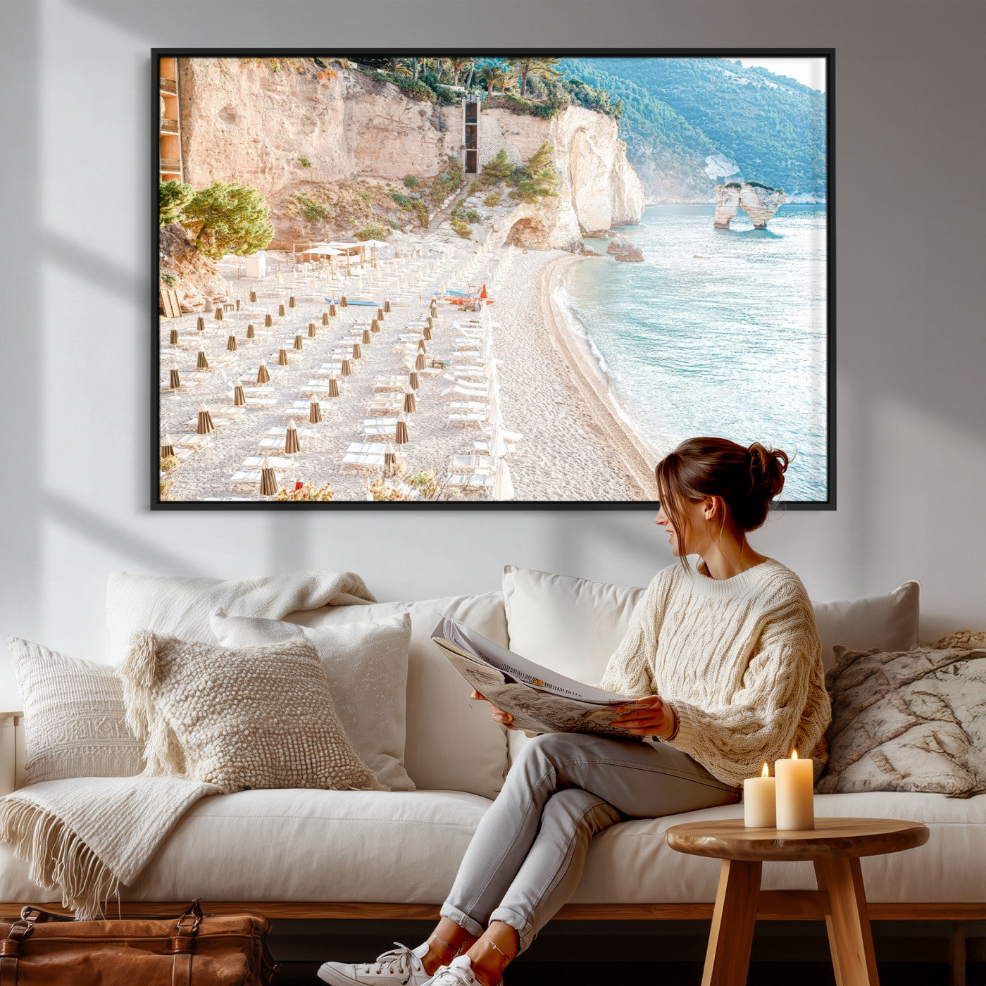 84816639-MGV-CV-36X24 - Sunny Beach Wall Art – Chairs & Umbrellas Canvas Print, Clear Water, Rocky Cliffs, Coastal Calm for Living Room or Vacation Home Decor