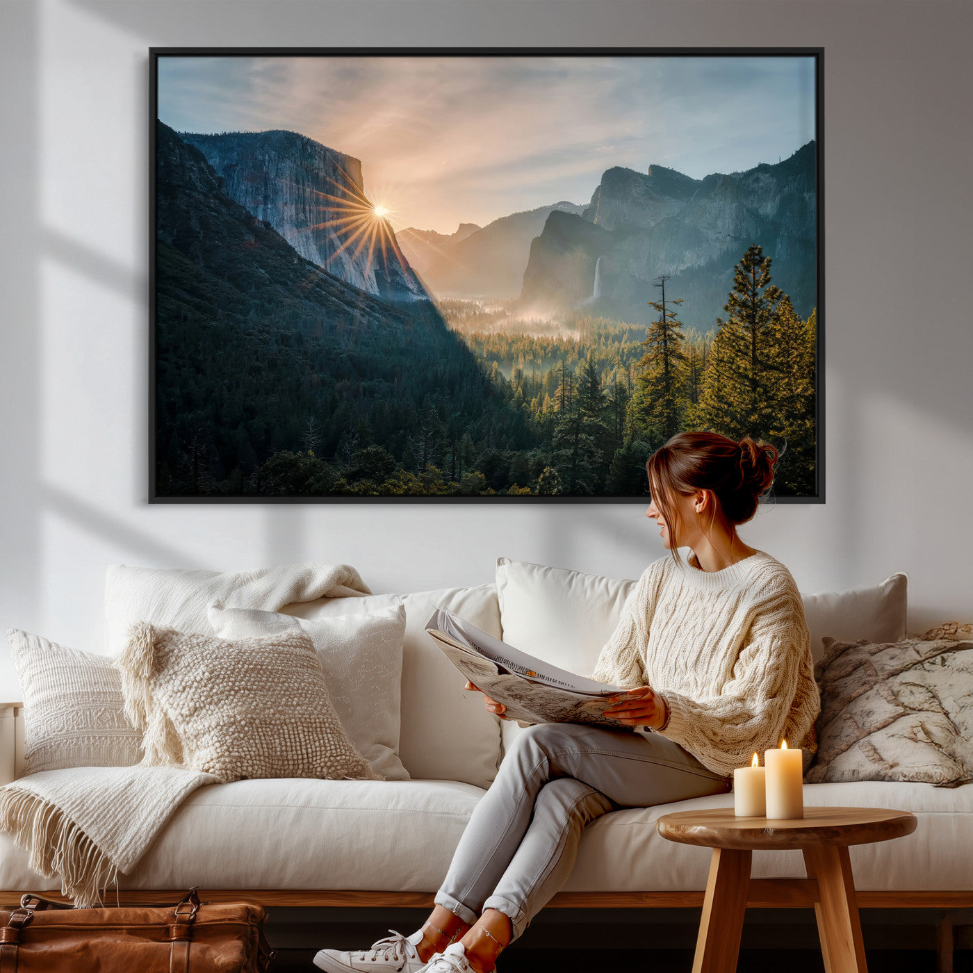 51605481-MGV-CV-36X24 - Yosemite Valley Wall Art – Misty Forest Peaks Canvas Print, Radiant Light, Tranquil Nature Landscape for Living Room or Cabin Decor