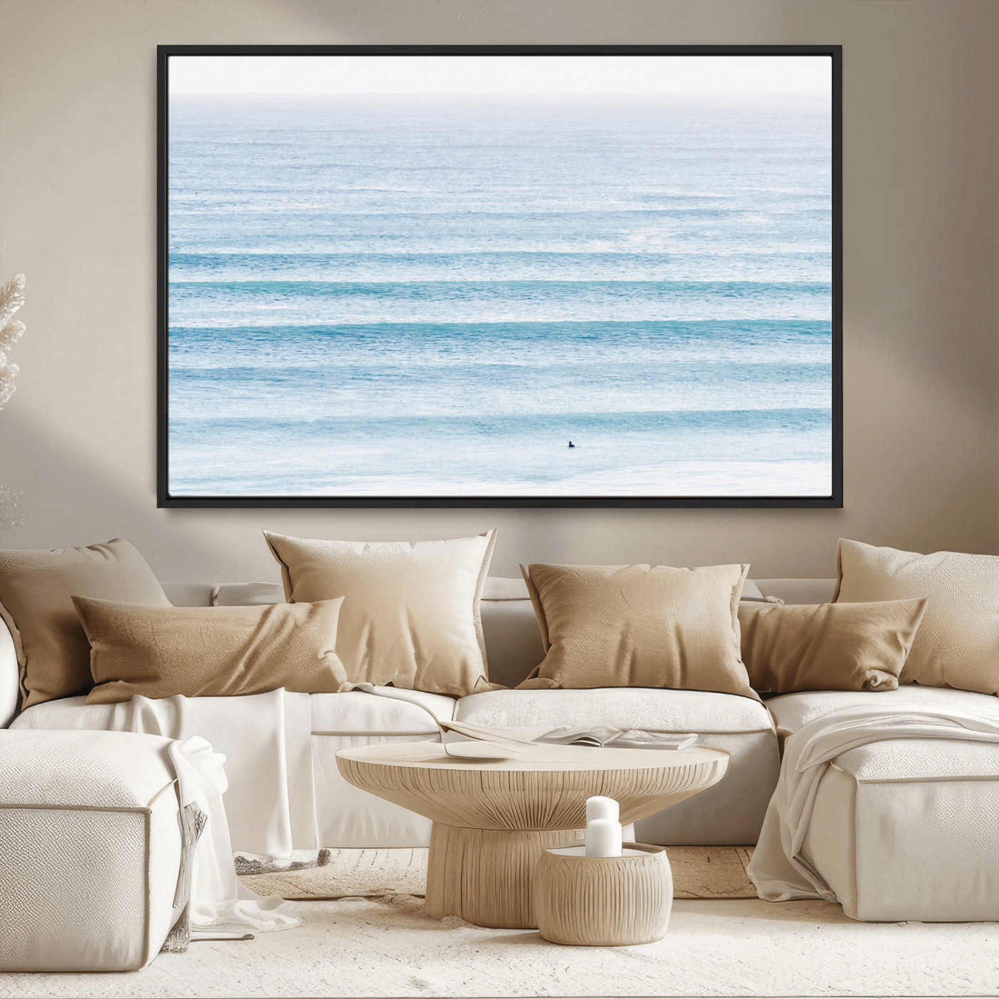 MGV-FC-36X24 - Ocean Simplicity Wall Art Canvas Print, Framed Surfer on Water Art Picture Print, Light Blue Perfect Coastal Minimalist Decor Artwork