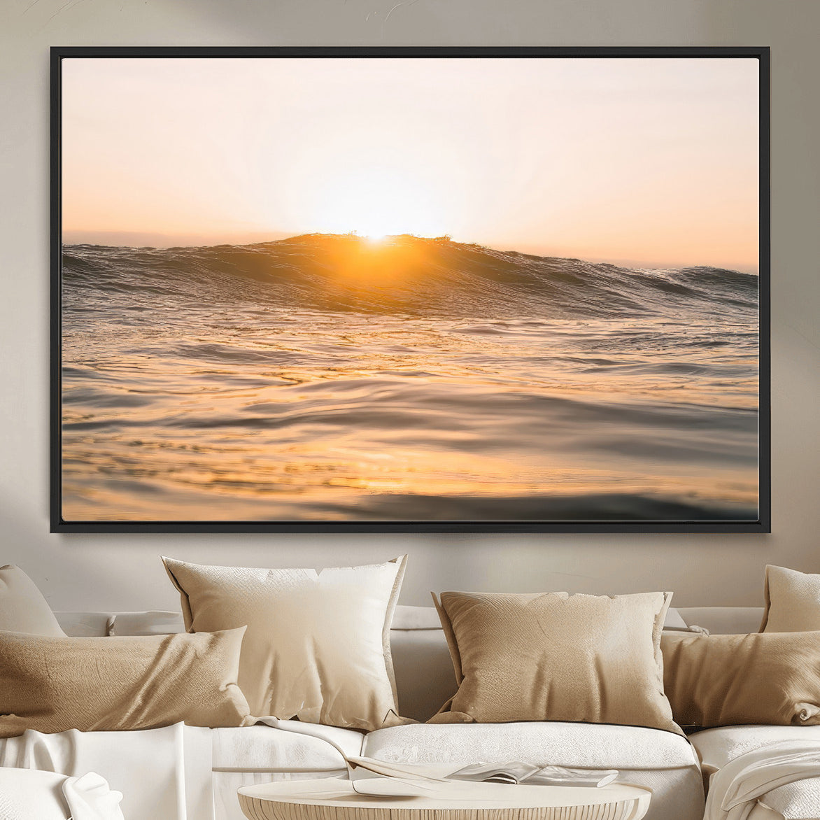 16973771-MGV-CV-36X24-Calm Water Wall Art – Framed Sunset Waves Canvas Artwork, Coastal Warm Design, Minimal Ocean Decor for Home, Office