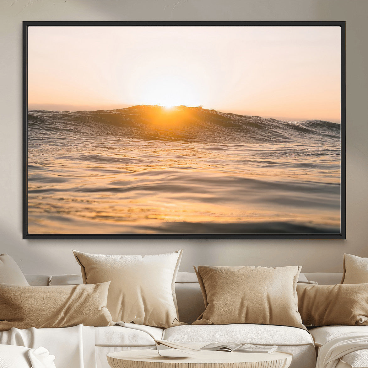 16973771-MGV-CV-36X24-Calm Water Wall Art – Framed Sunset Waves Canvas Artwork, Coastal Warm Design, Minimal Ocean Decor for Home, Office
