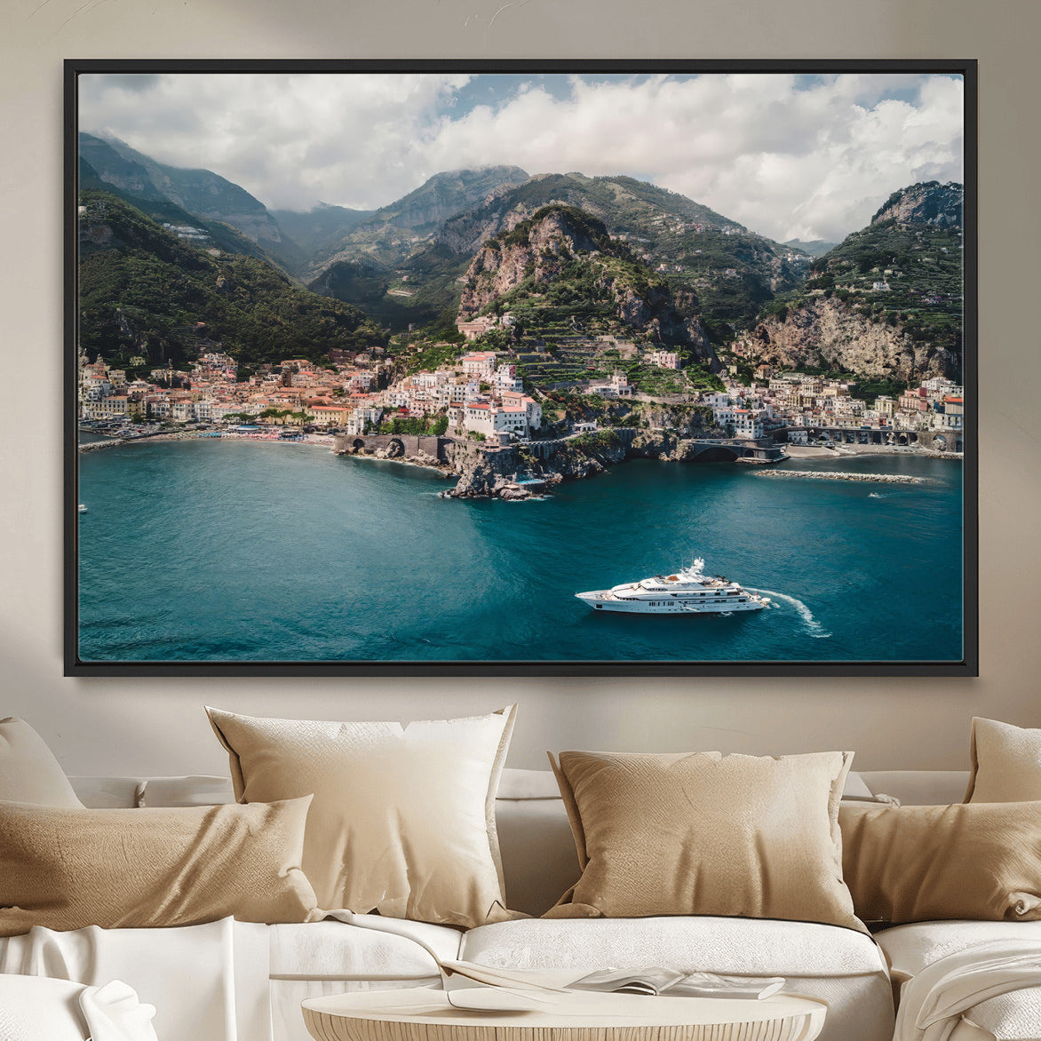 20321590-MGV-CV-36X24-Amalfi Coast Wall Art – Framed Italian Seaside Canvas Artwork, Mediterranean Landscape Design, Coastal Decor for Home, Office