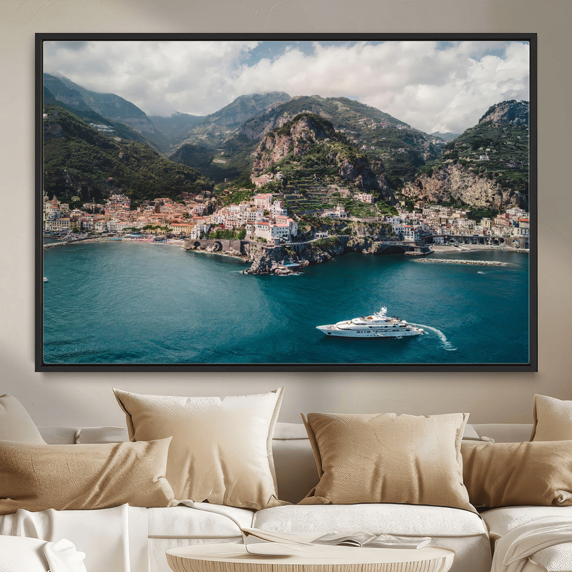 20321590-MGV-CV-36X24-Amalfi Coast Wall Art – Framed Italian Seaside Canvas Artwork, Mediterranean Landscape Design, Coastal Decor for Home, Office