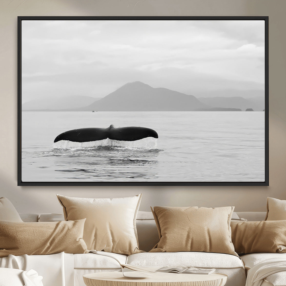 MGV-FC-36X24 - Whale Tail Wall Art Canvas Print, Framed Black White Ocean Art Picture Print, Calm Marine Perfect Minimalist Coastal Decor Artwork