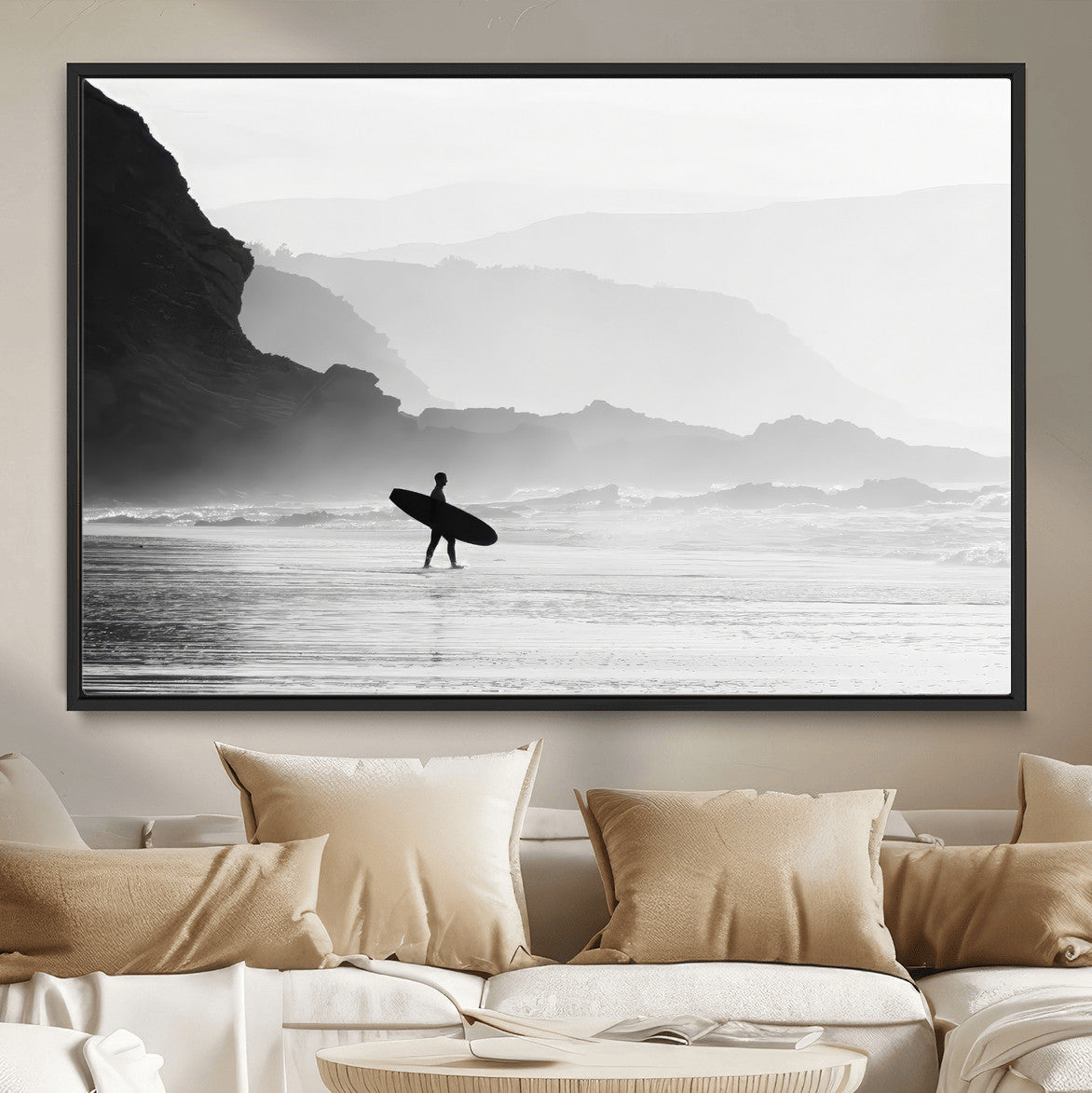 MGV-FC-36X24 - Surfer In Fog Wall Art Canvas Print, Framed Moody Shoreline Art Picture Print, Cliffside Waves Perfect Minimalist Coastal Decor Artwork