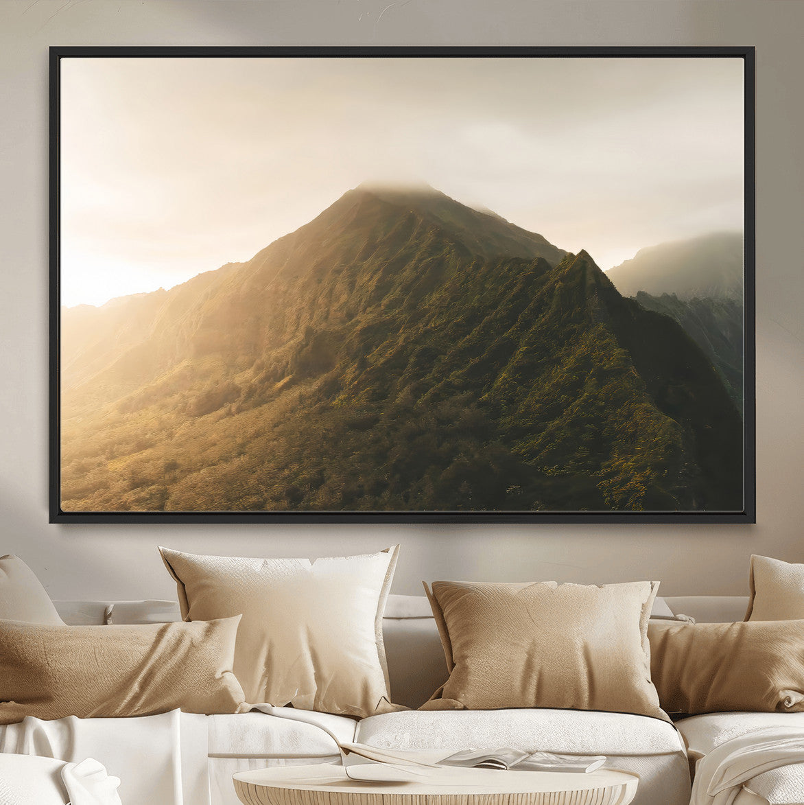 42338636-MGV-CV-36X24-Mountain Wall Art – Framed Sunset Landscape Canvas Artwork, Serene Nature Design, Rustic Decor for Home, Office