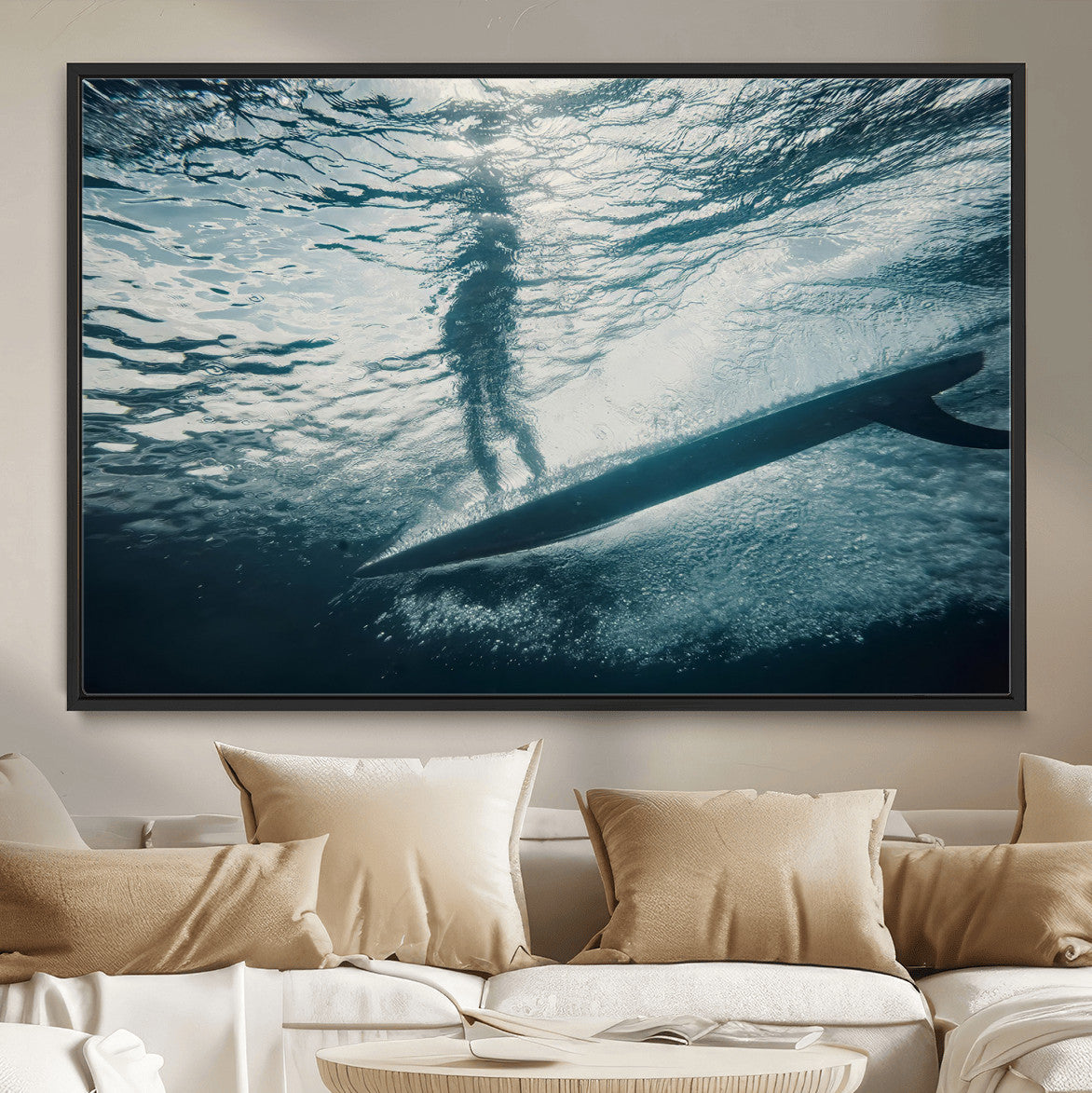 MGV-FC-36X24 - Submerged Surf Wall Art Canvas Print, Framed Underwater Perspective Art Picture Print, Ocean Surf Perfect Coastal Adventure Decor Artwork