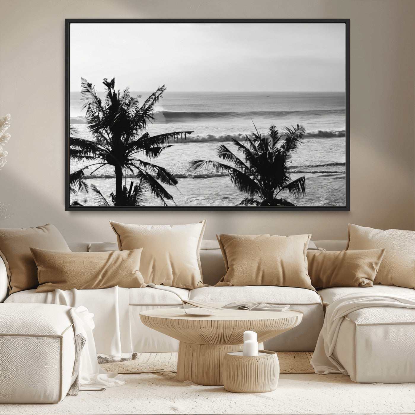 17508038-MGV-CV-36X24-Tropical Coastline Wall Art Canvas Print – Framed Palm Trees Scene with Ocean Waves Artwork for Home, Office