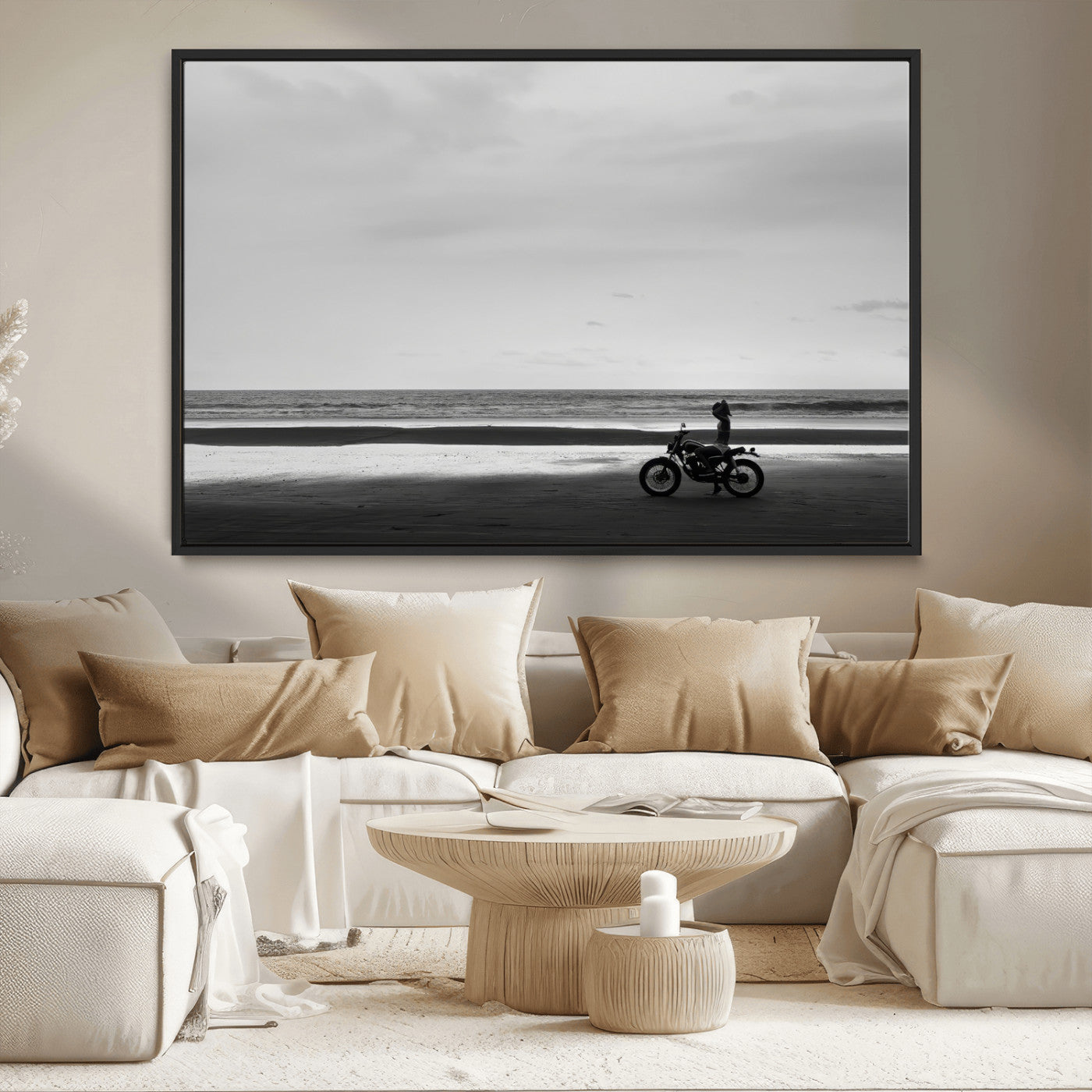84739358-MGV-CV-36X24-Motorcycle Beach Wall Art Canvas Print – Framed Vintage Motorcycle Scene with Biker Silhouette Artwork for Home, Office