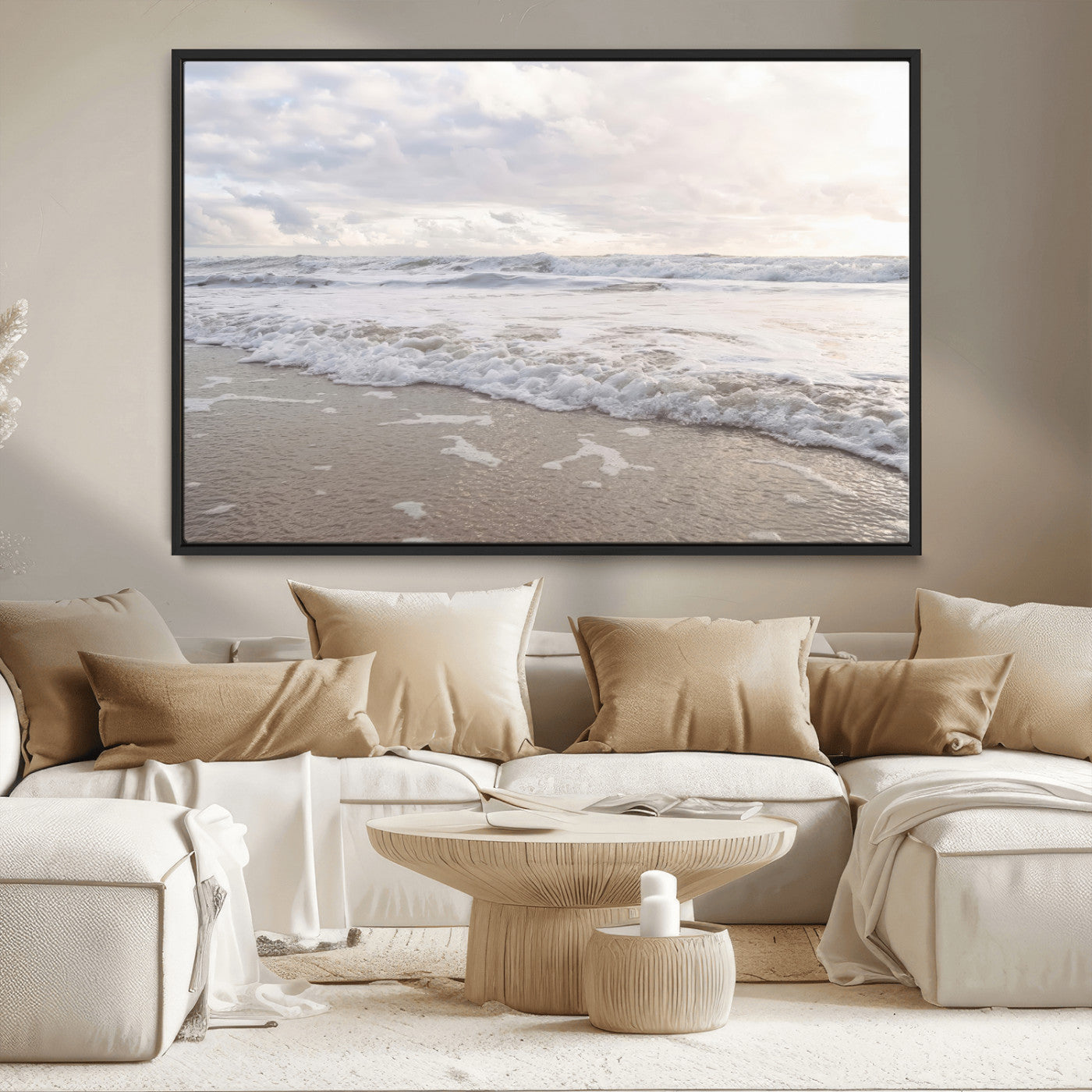 70596264-MGV-CV-36X24-Ocean Waves Wall Art Canvas Print – Framed Coastal Shoreline Scene with Sea Foam Artwork for Home, Office