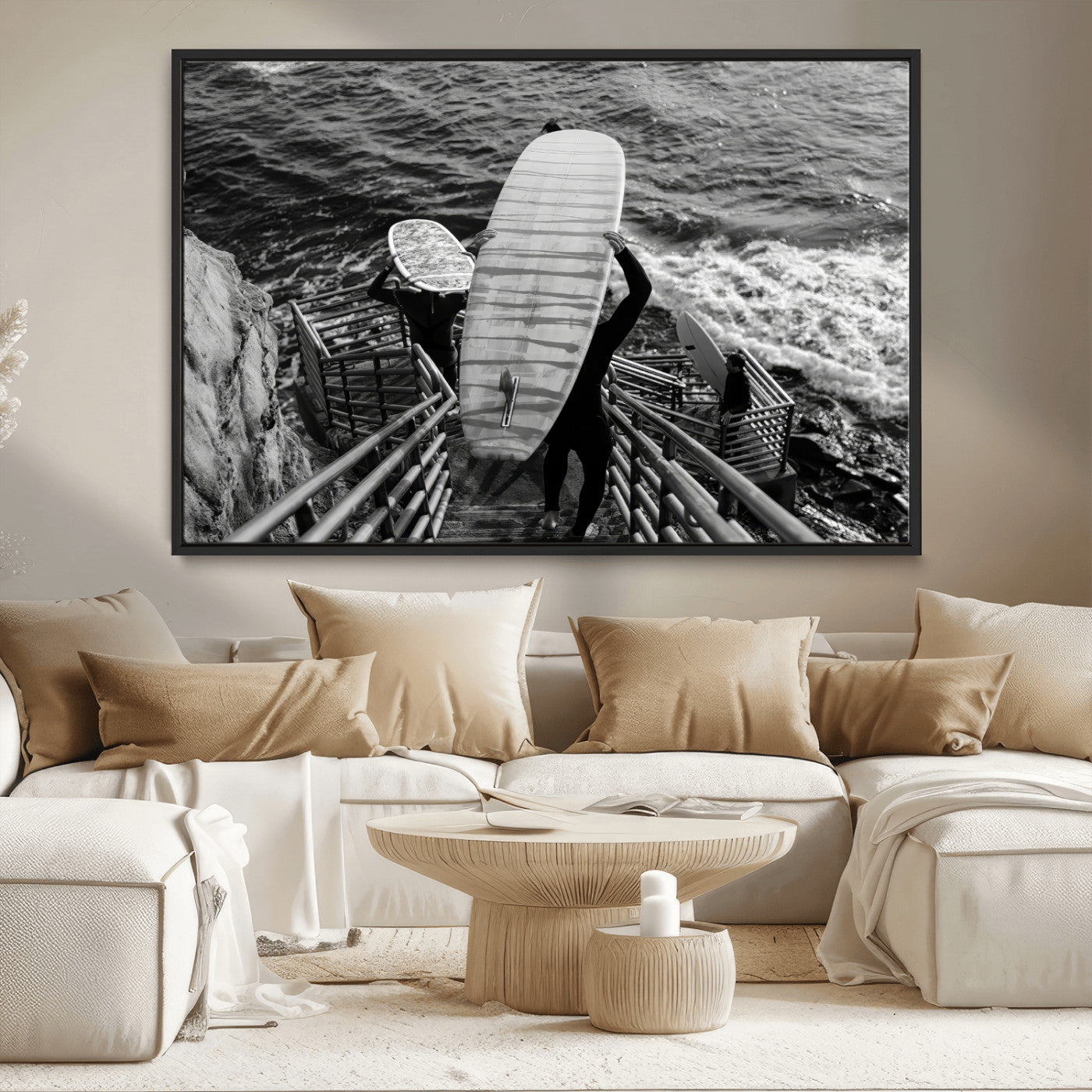 32353707-MGV-CV-36X24-Black and White Surfing Wall Art Canvas Print – Framed Coastal Wave Riders Adventure Artwork for Home, Office