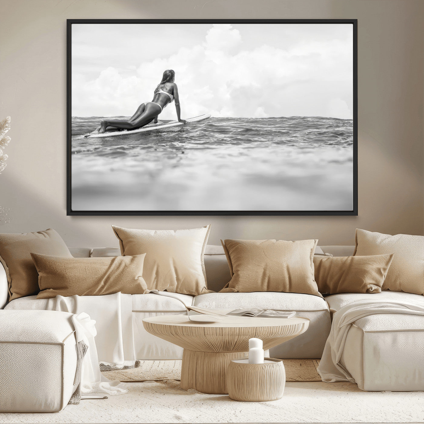 69798068-MGV-CV-36X24-Black and White Surfing Wall Art Canvas Print – Framed Ocean Horizon with Surfer Girl Coastal Adventure Artwork for Home, Office