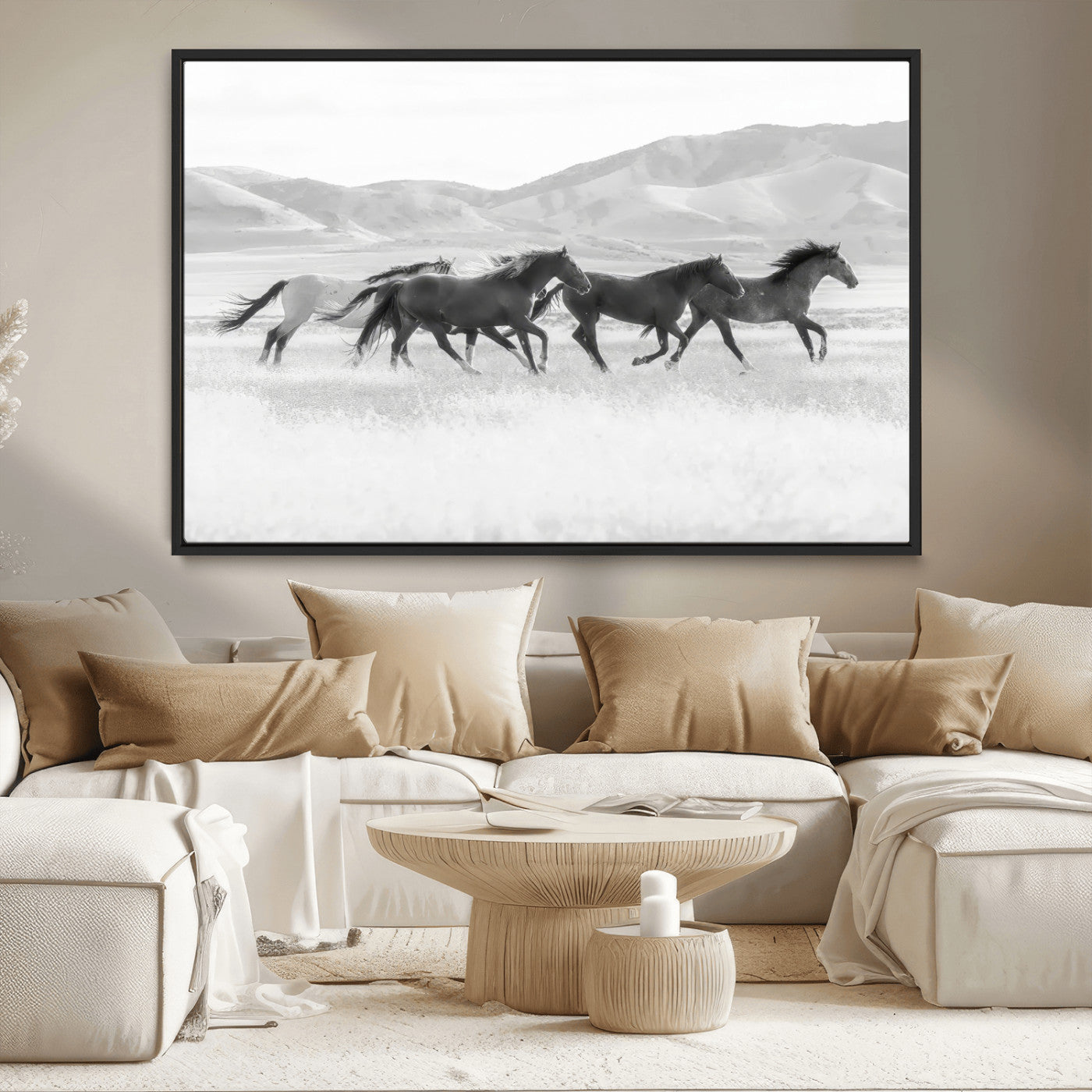 MGV-FC-36X24 - Wild Horses Wall Art – Black & White Canvas Print of Herd Running, Nature in Motion, Freedom & Beauty Decor for Guest Room, Office or Living Room