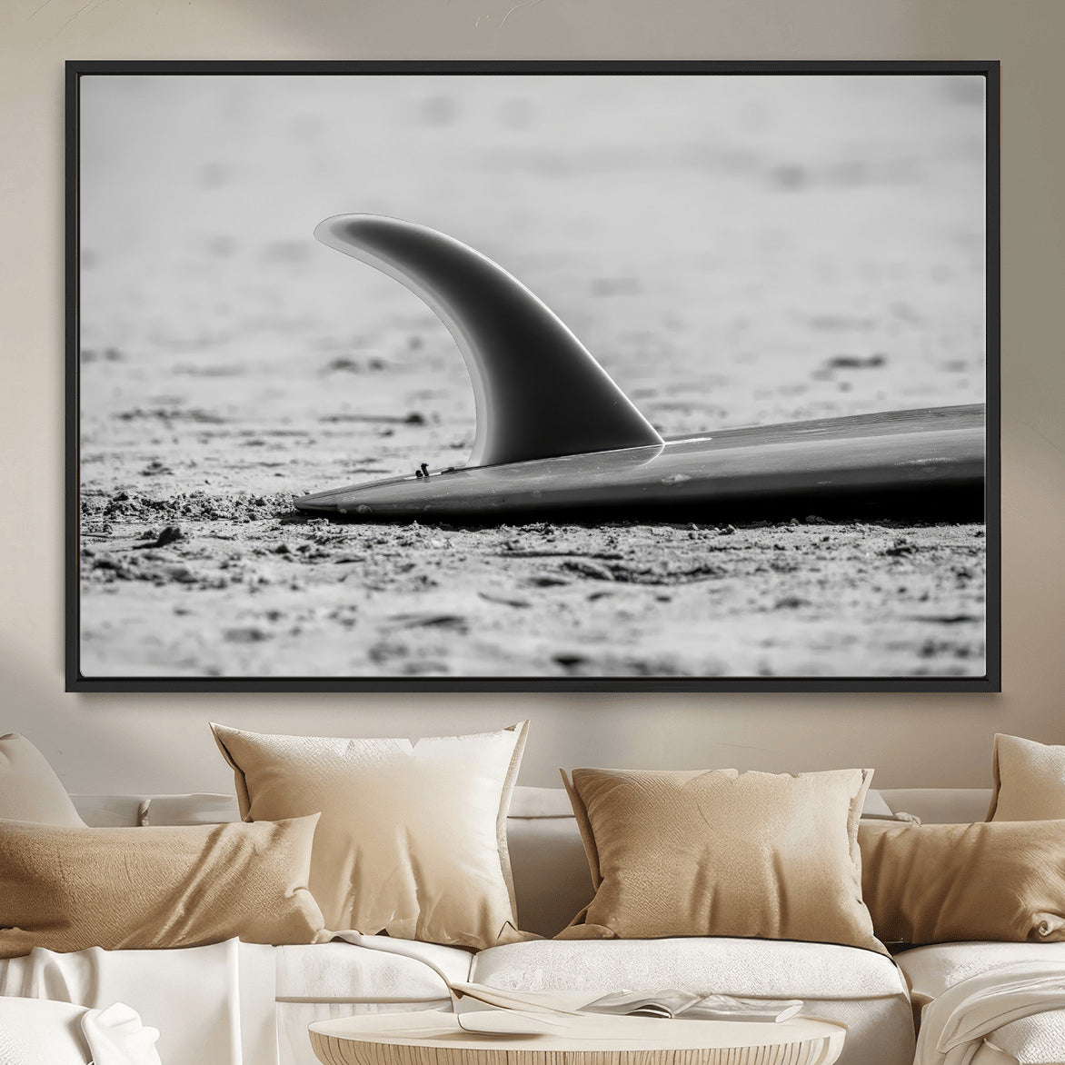 MGV-FC-36X24 - Black White Surfboard Wall Art Canvas Print, Framed Minimalist Beach Art Picture Print, Surf Fin Perfect Minimalist Coastal Decor Artwork