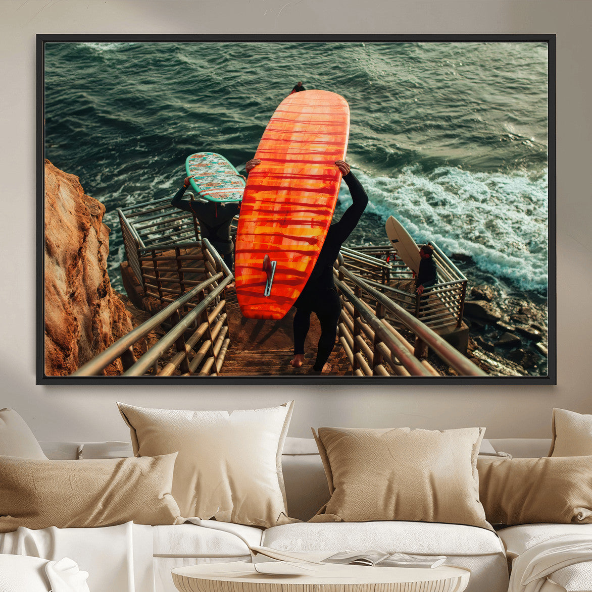 MGV-FC-36X24 - Surfer Stairway Wall Art Canvas Print, Framed Ocean Surf Art Picture Print, Sunset Coastal Perfect Coastal Adventure Decor Artwork