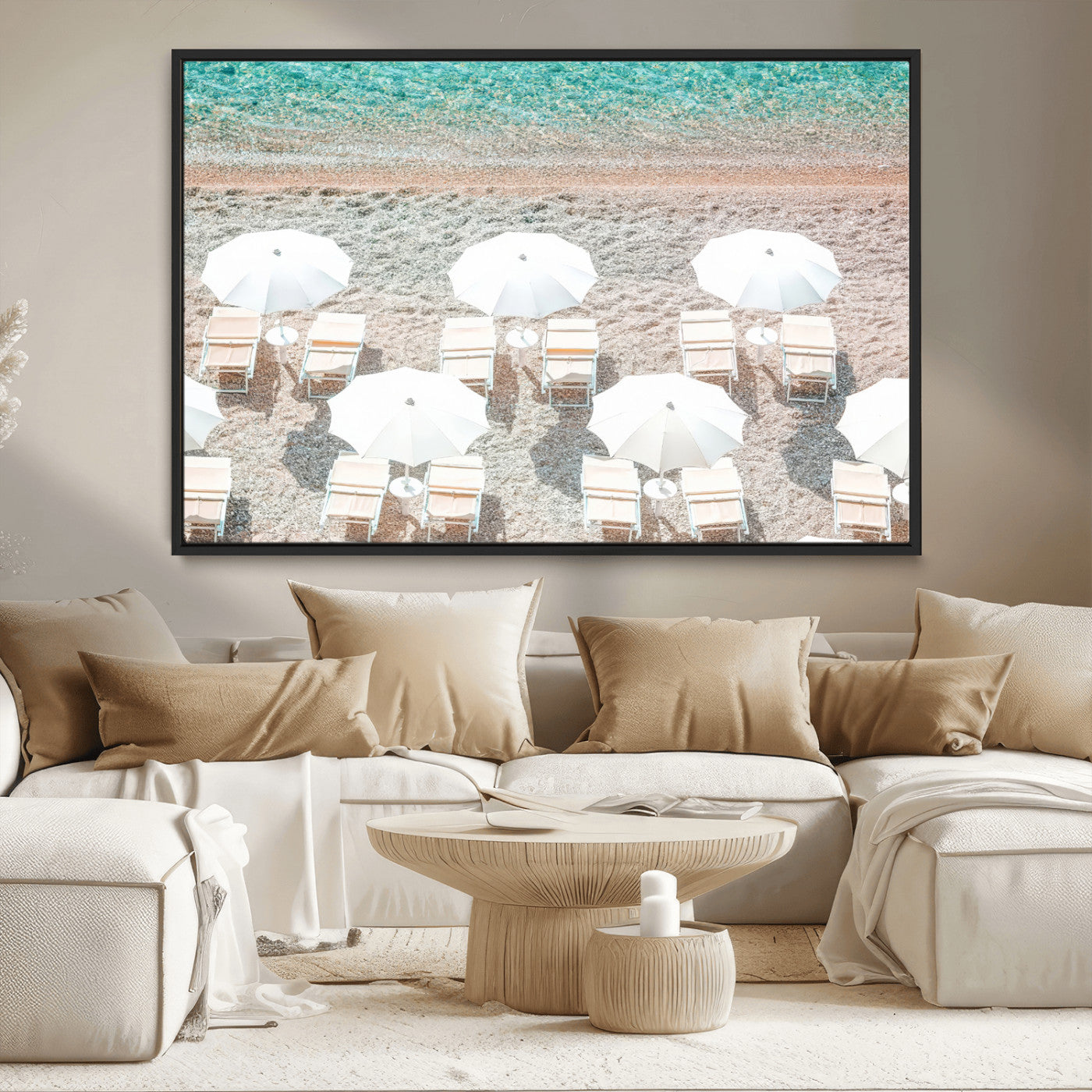 MGV-FC-36X24 - Calm Beach Wall Art Canvas Print, Framed Turquoise Water Art Picture Print, Umbrella Shoreline Perfect Coastal Minimalist Decor Artwork