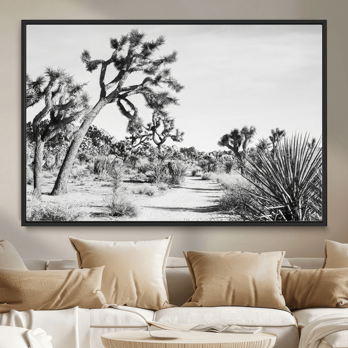 88164251-MGV-CV-36X24-Joshua Tree Desert Wall Art – Black & White Canvas Print, Nature Serenity Decor for Guest Room, Office or Living Room