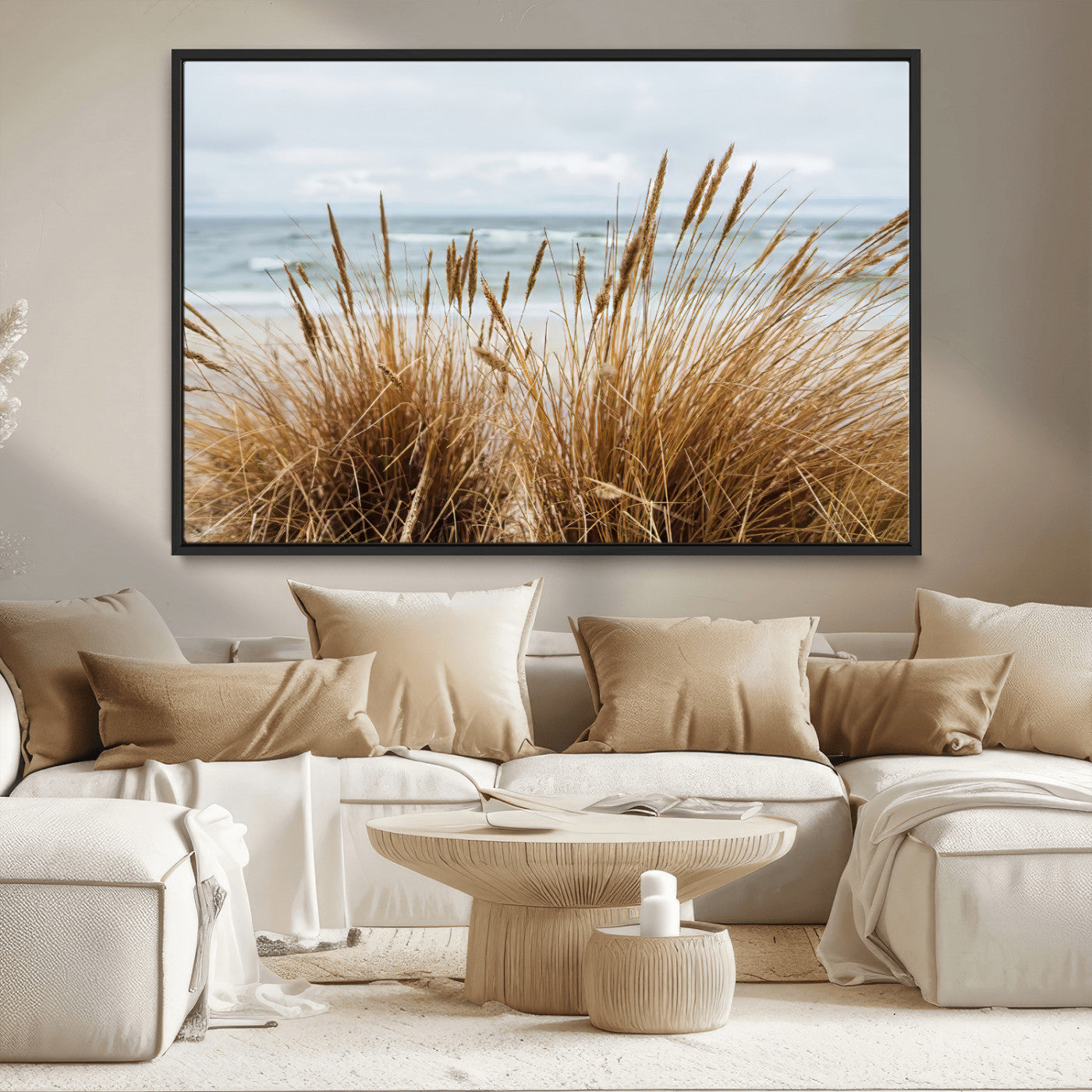 14270839-MGV-CV-36X24-Beach Grass Wall Art – Framed Coastal Dunes Canvas Artwork, Minimal Seaside Design, Modern Coastal Decor for Home, Office