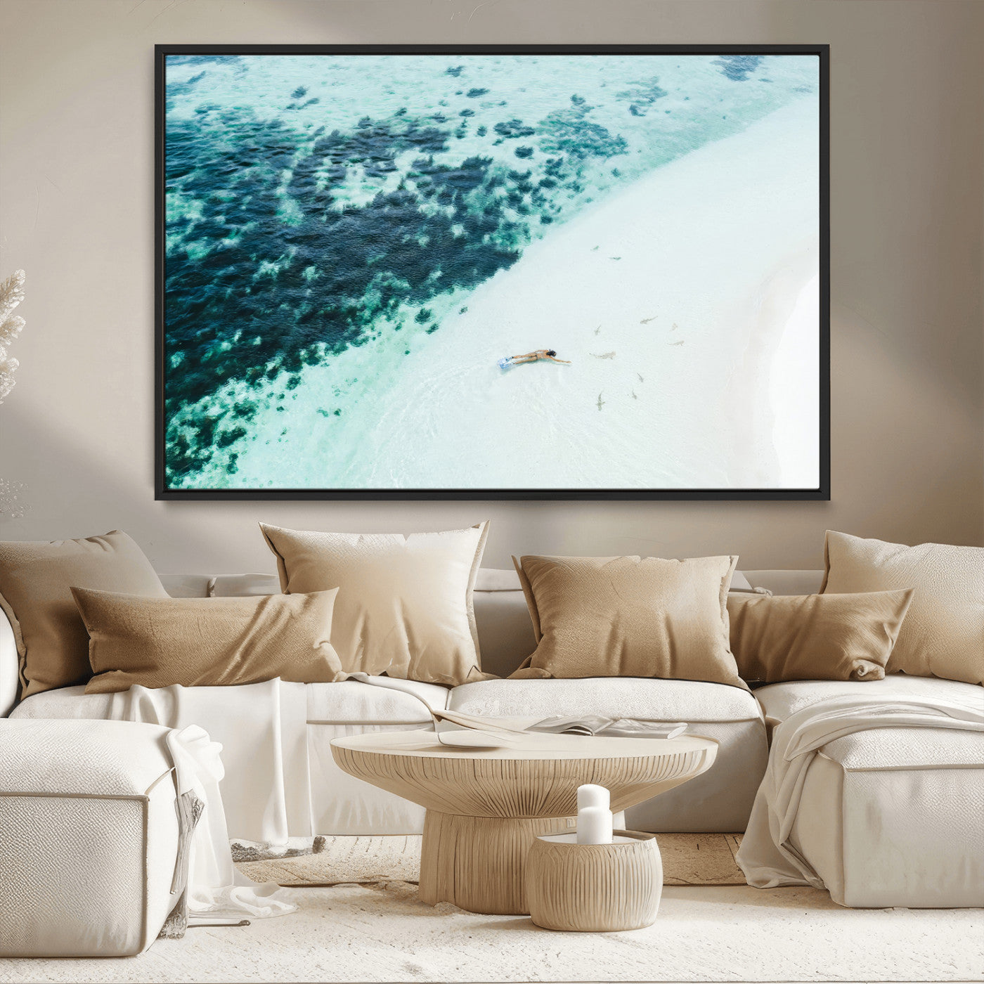 33764764-MGV-CV-36X24-Minimal Beach Wall Art – Framed Ocean Swimming Canvas Artwork, Clear Blue Sea Design, Modern Coastal Decor for Home, Office