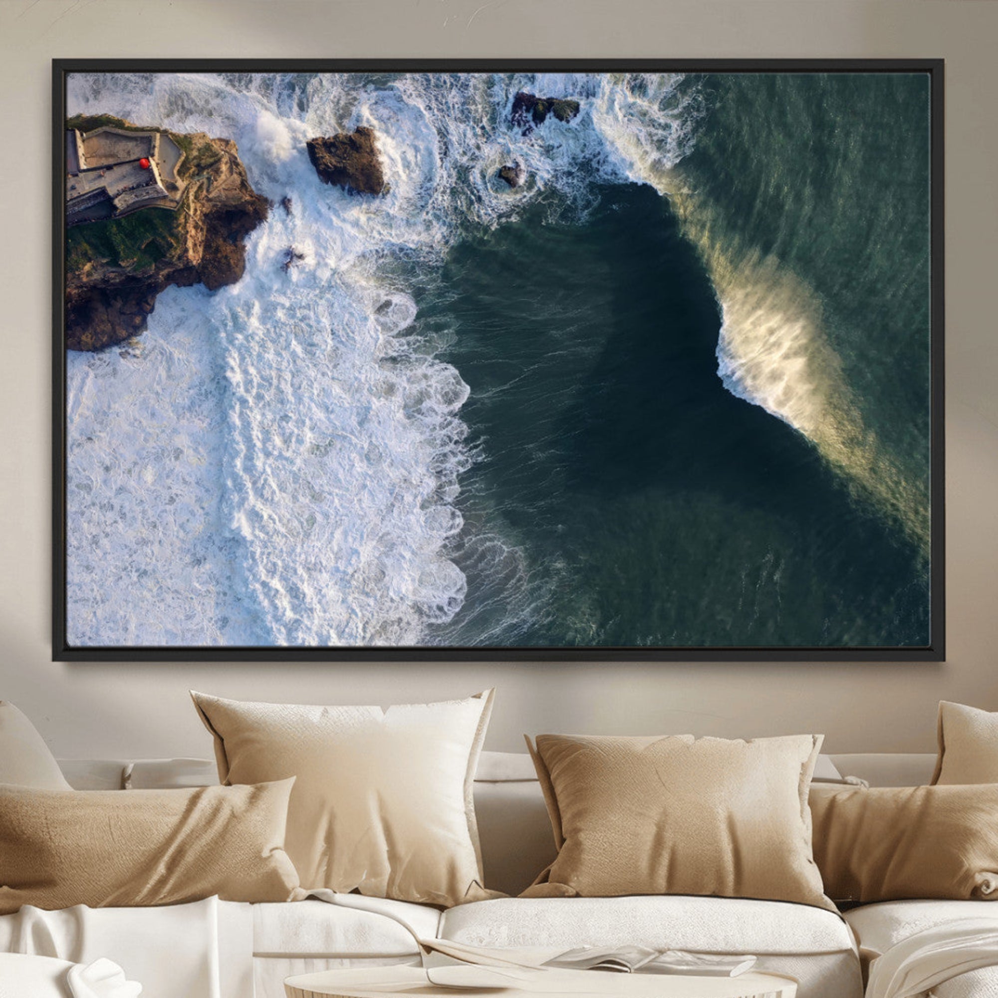 37405684-MGV-CV-36X24-Ocean Wave Wall Art – Aerial Coastal View Canvas Artwork, Powerful Sea Wave Design, Modern Beach Wall Decor for Home, Office