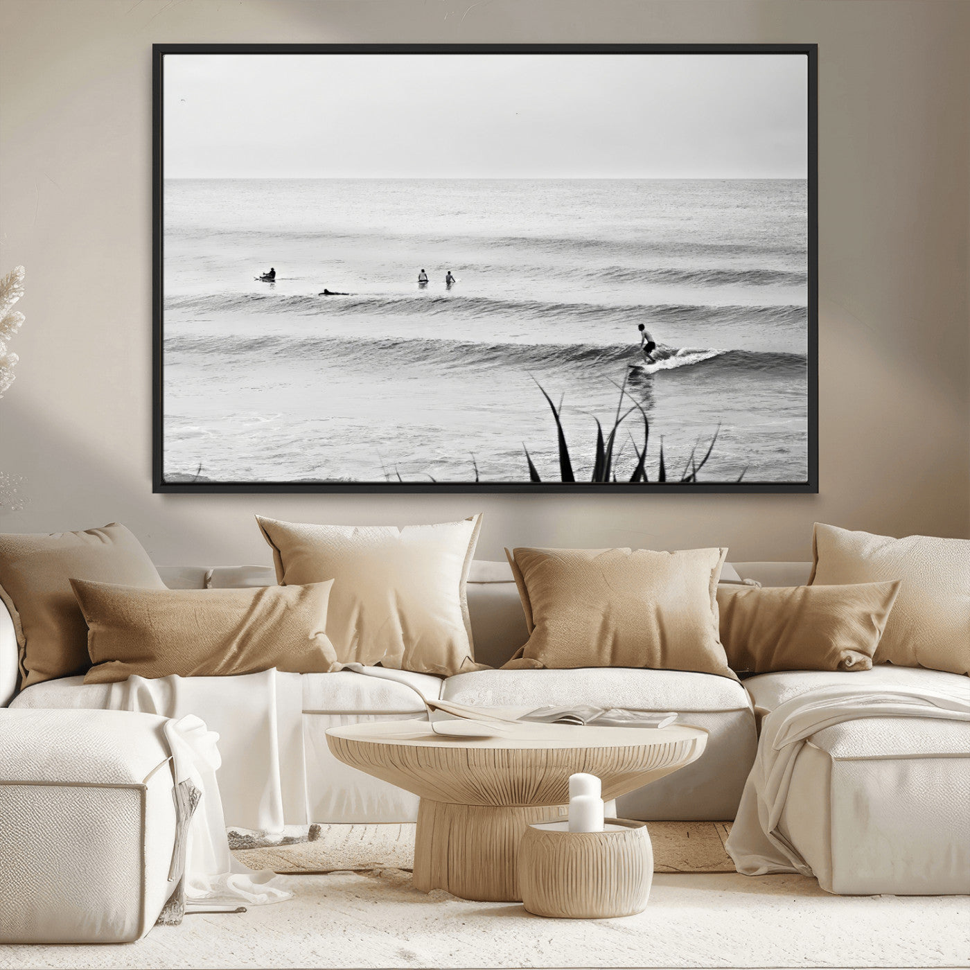 33821421-MGV-CV-36X24-Surfer Silhouette Wall Art – Framed Calm Ocean Canvas Artwork, Monochrome Minimal Design, Modern Coastal Decor for Home, Office