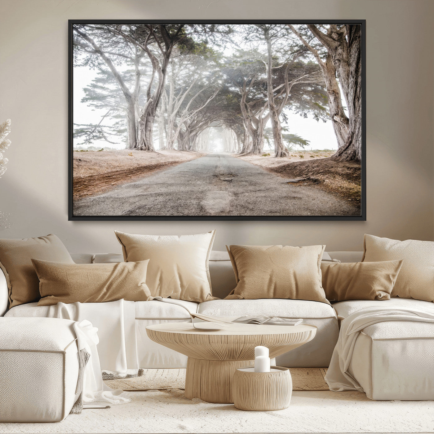 87090469-MGV-CV-36X24-Cypress Tunnel Wall Art – Framed Misty Road Canvas Artwork, Foggy Trees Design, Rustic Woodland Nature Decor for Home, Office