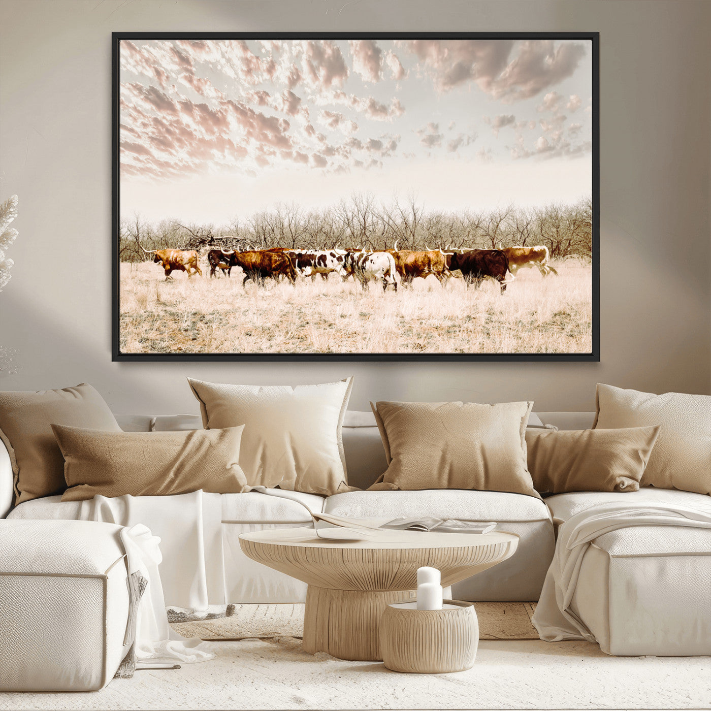 64892775-MGV-CV-36X24 - Longhorn Cattle Wall Art Canvas Print, Framed Texas Ranch Art Picture Print, Western Cow Perfect Western Decor Artwork