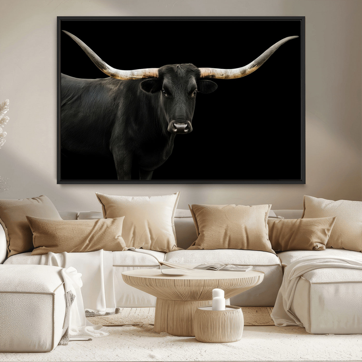 99448328-MGV-CV-36X24-Longhorn Cattle Wall Art Canvas Print – Framed Texas Ranch Scene with Western Cow Artwork for Home, Office, Living Room