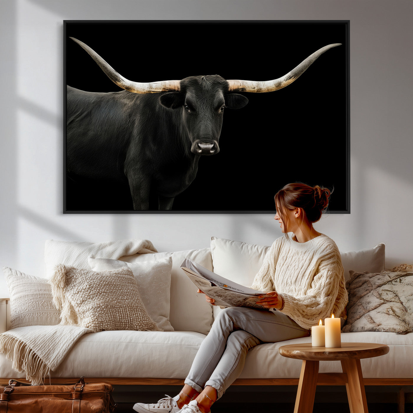 99448328-MGV-CV-36X24 - Longhorn Cattle Wall Art Canvas Print, Framed Texas Black Bull Art Picture Print, Western Cow Perfect Farmhouse Decor Artwork
