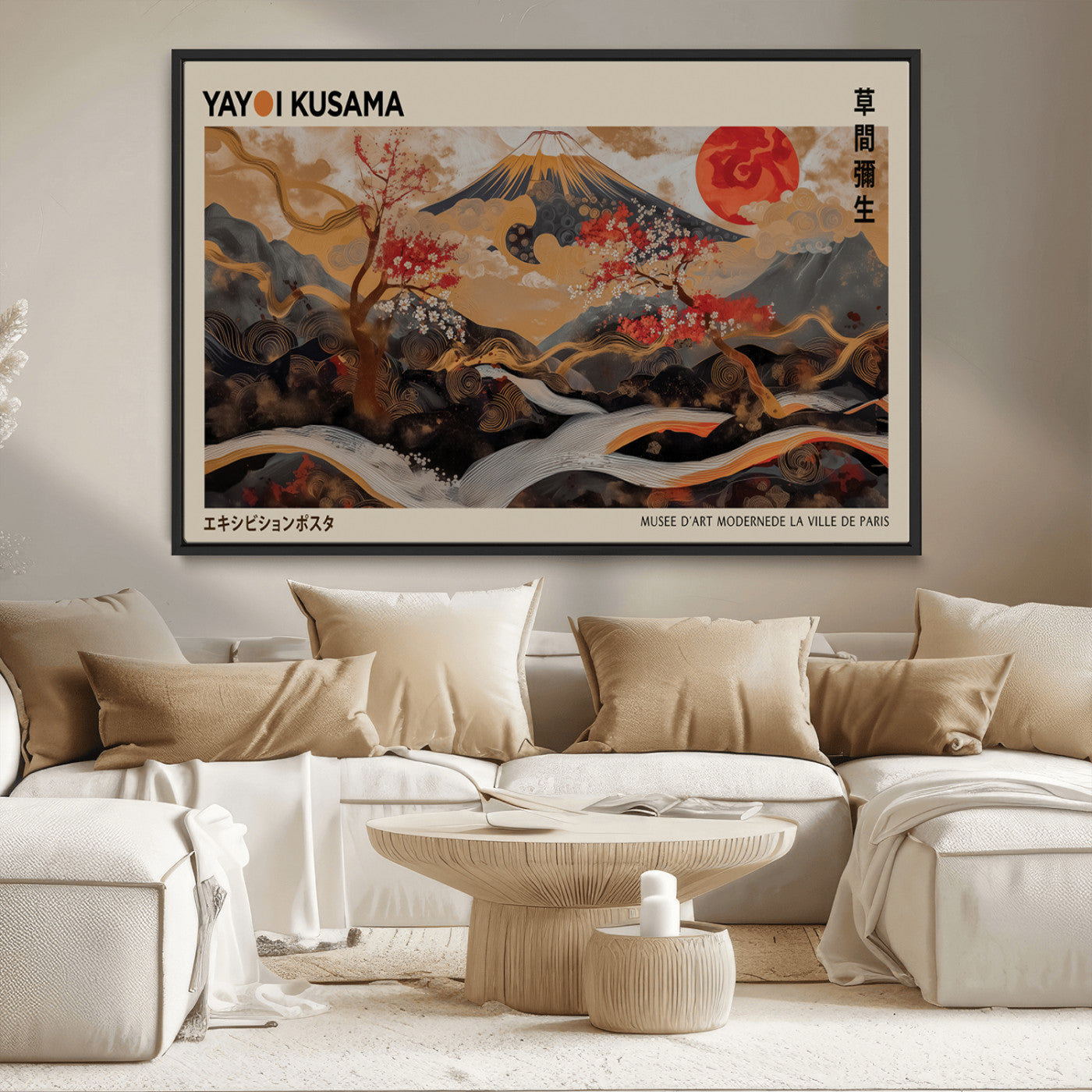 77970791-MGV-CV-36X24-Modern Japanese Wall Art Canvas Print – Framed Abstract Mount Fuji Scene with Yayoi Kusama Artwork for Home, Office